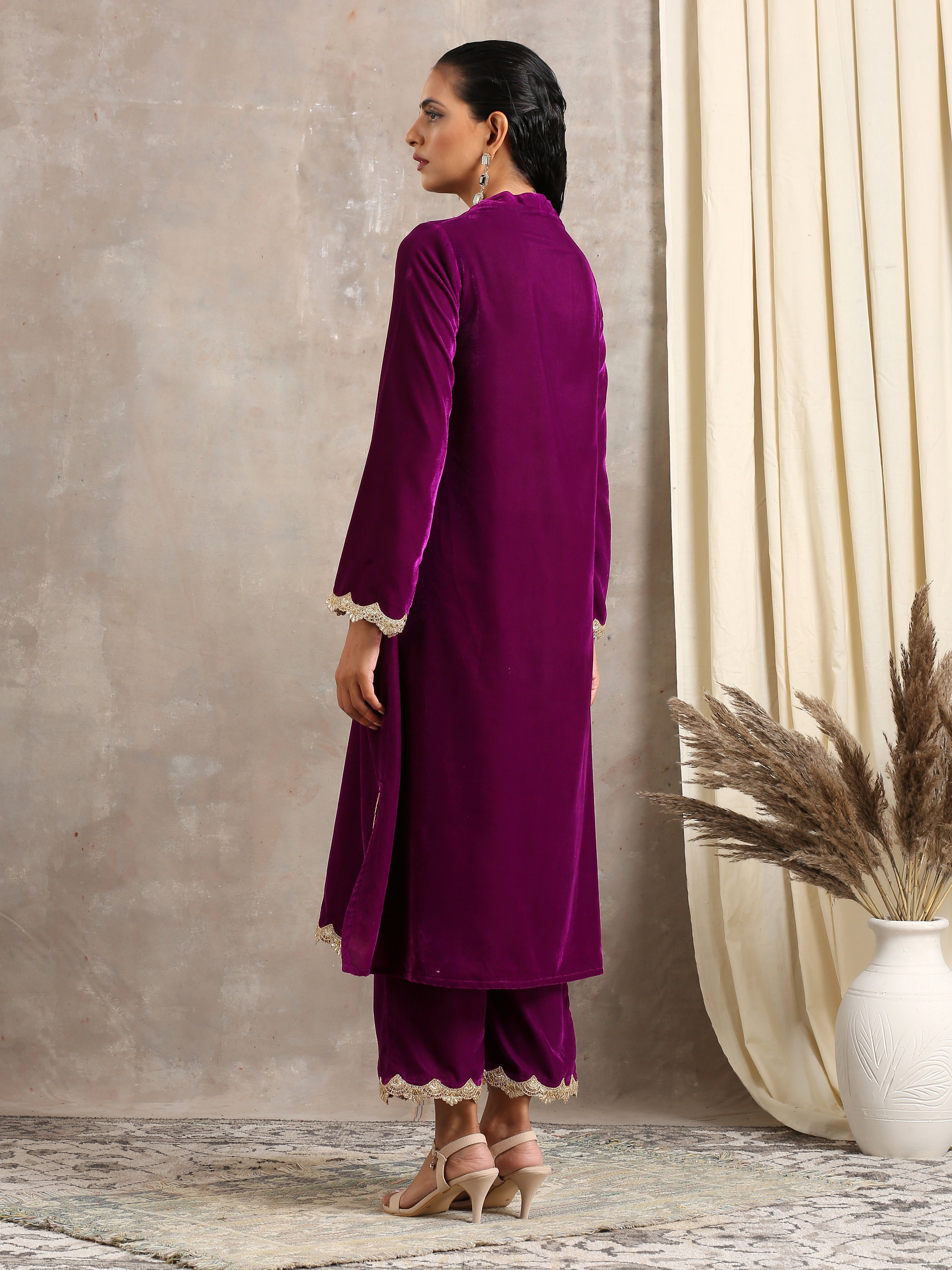 Wine Velvet Lace Kurta Pant Set | Relove