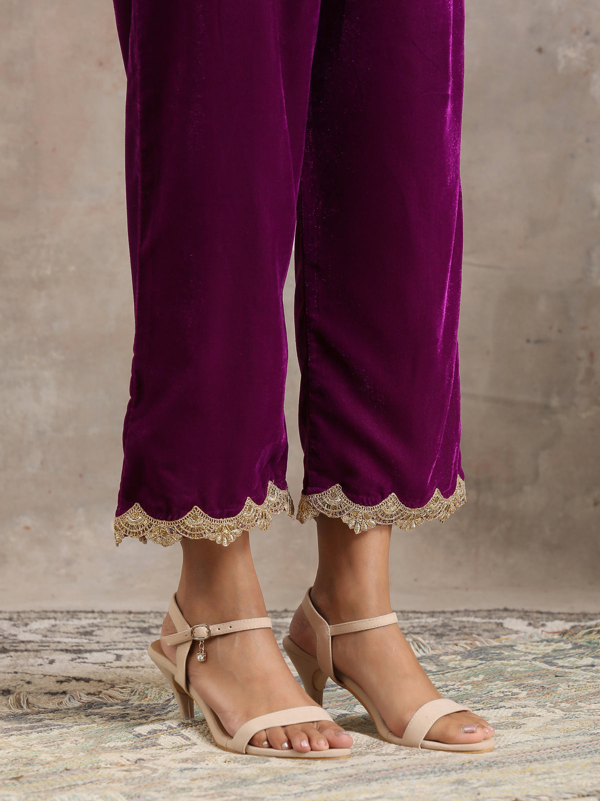 Wine Velvet Lace Kurta Pant Set | Relove