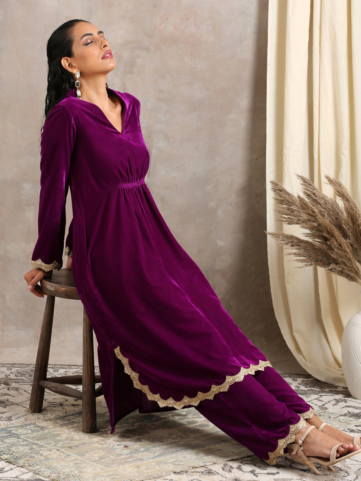 Wine Velvet Lace Kurta Pant Set | Relove
