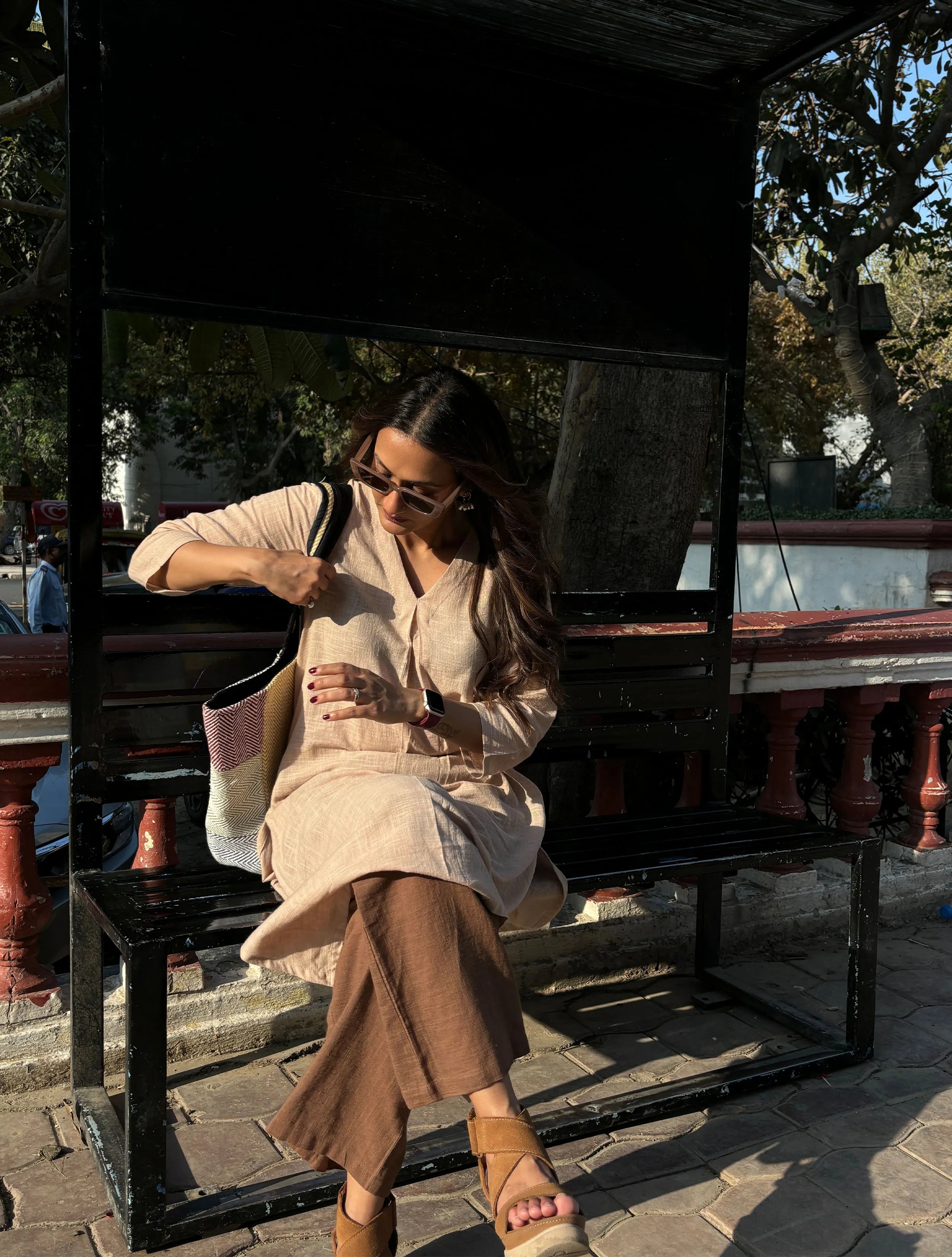 Linen Beige Textured Slit Kurta Pant Set