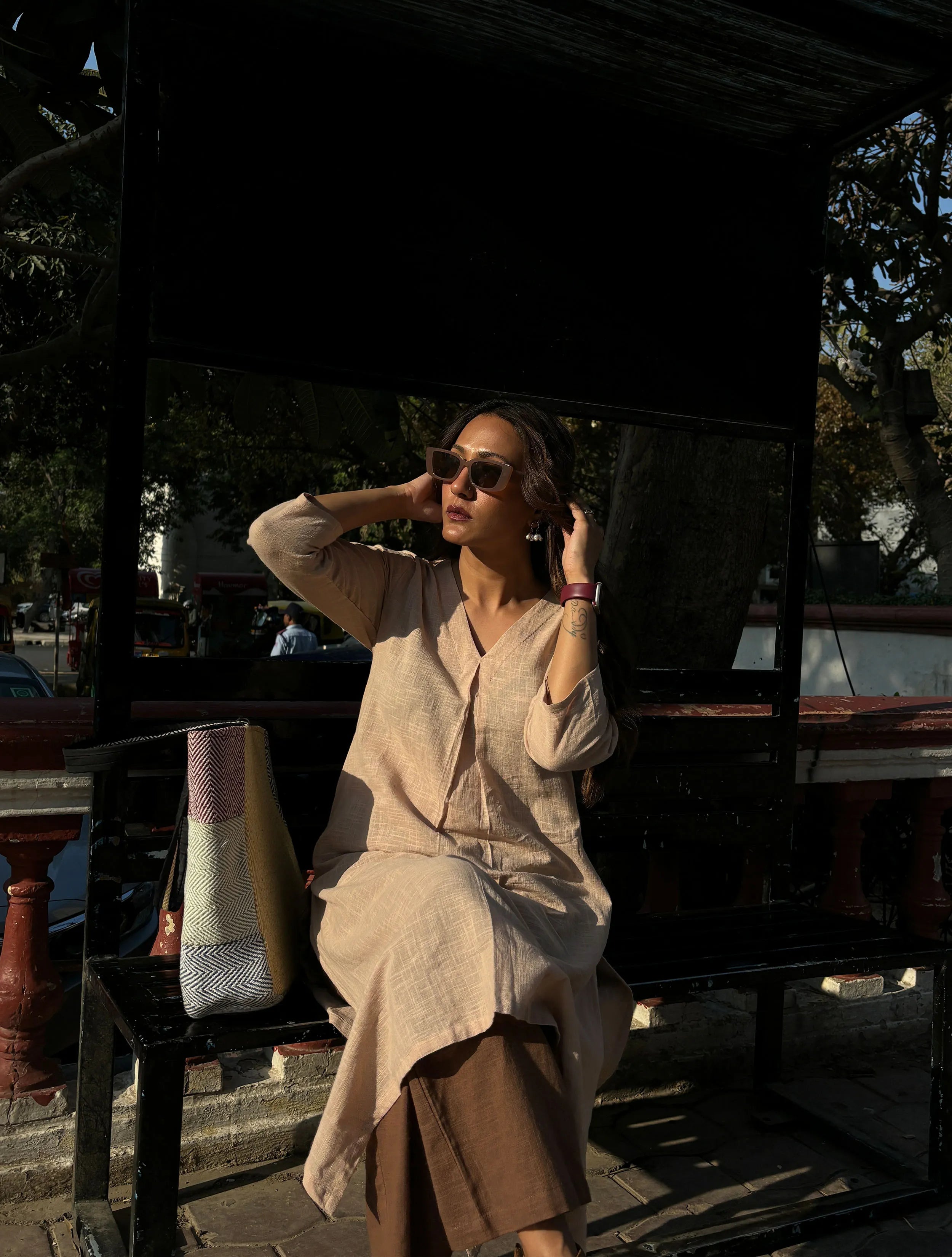 Linen Beige Textured Slit Kurta Pant Set