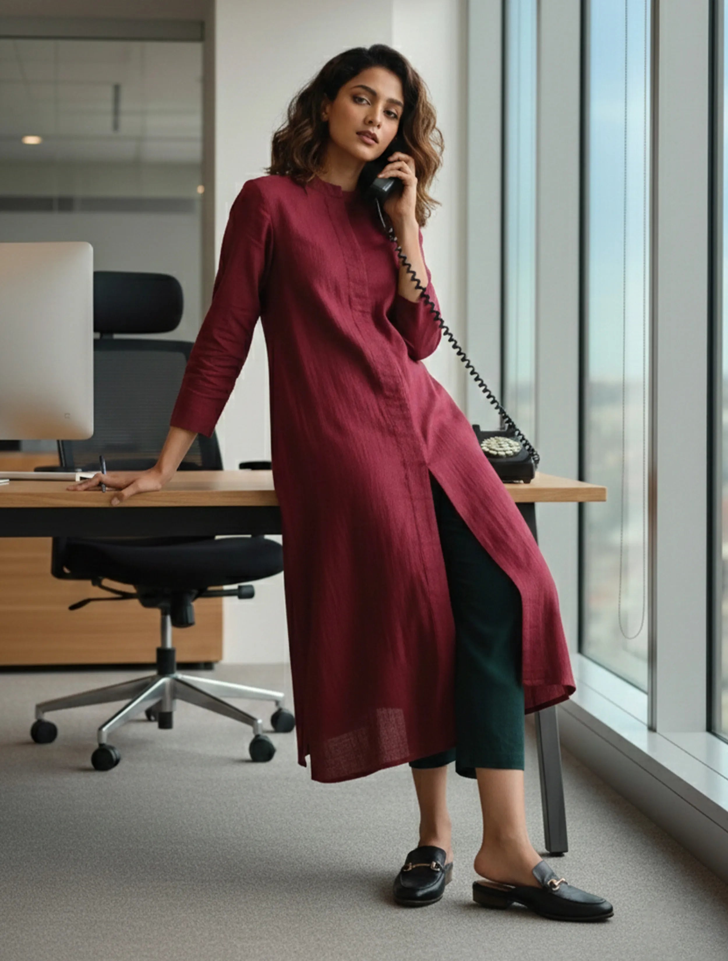 Maroon Placket Kurta Pant Set