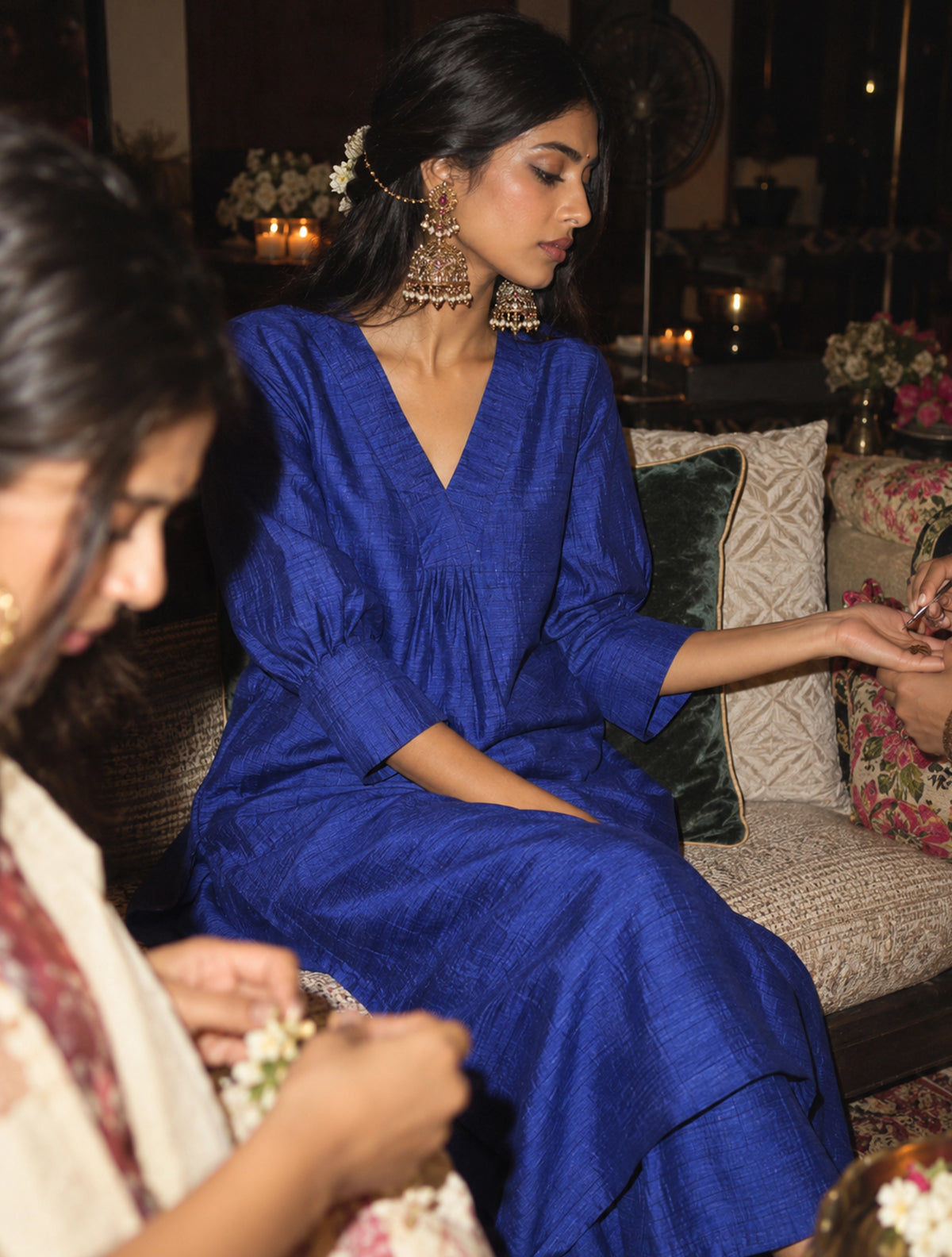 Blue Textured Silk Puff Sleeve Kurta Pant Set
