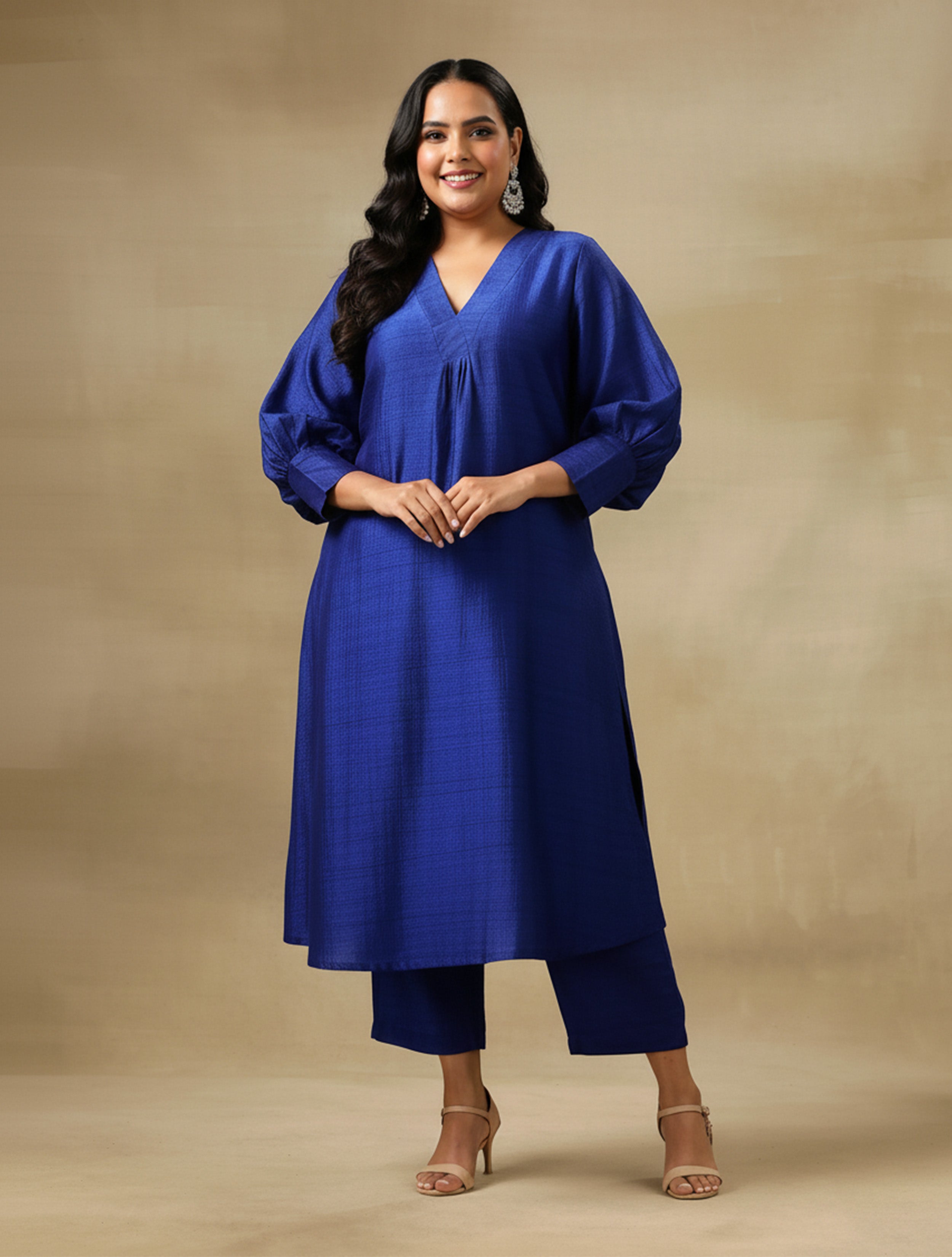 Blue Textured Silk Puff Sleeve Kurta Pant Set