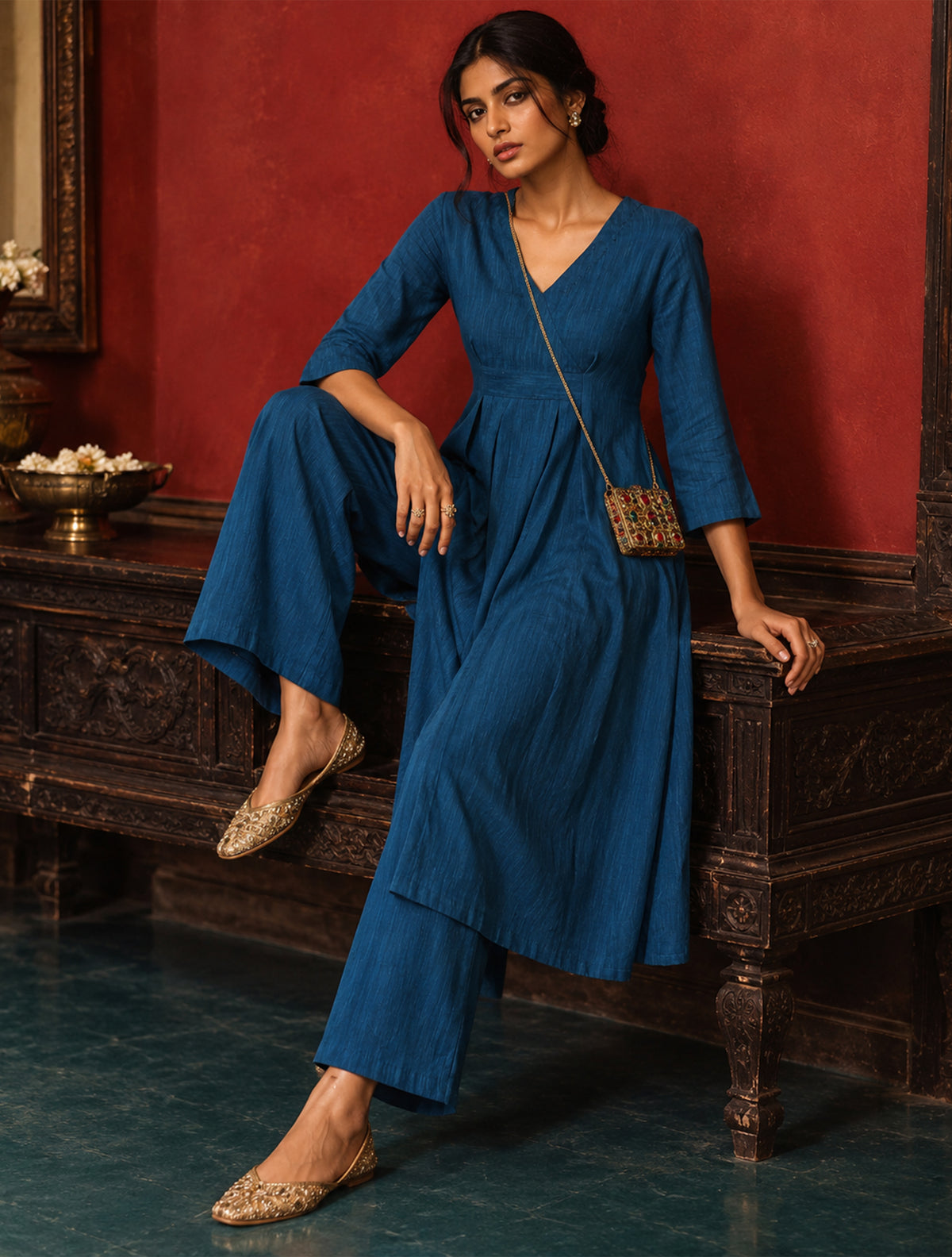 Classic Blue Slub Texture Overlap Pleat Kurta Pant Set