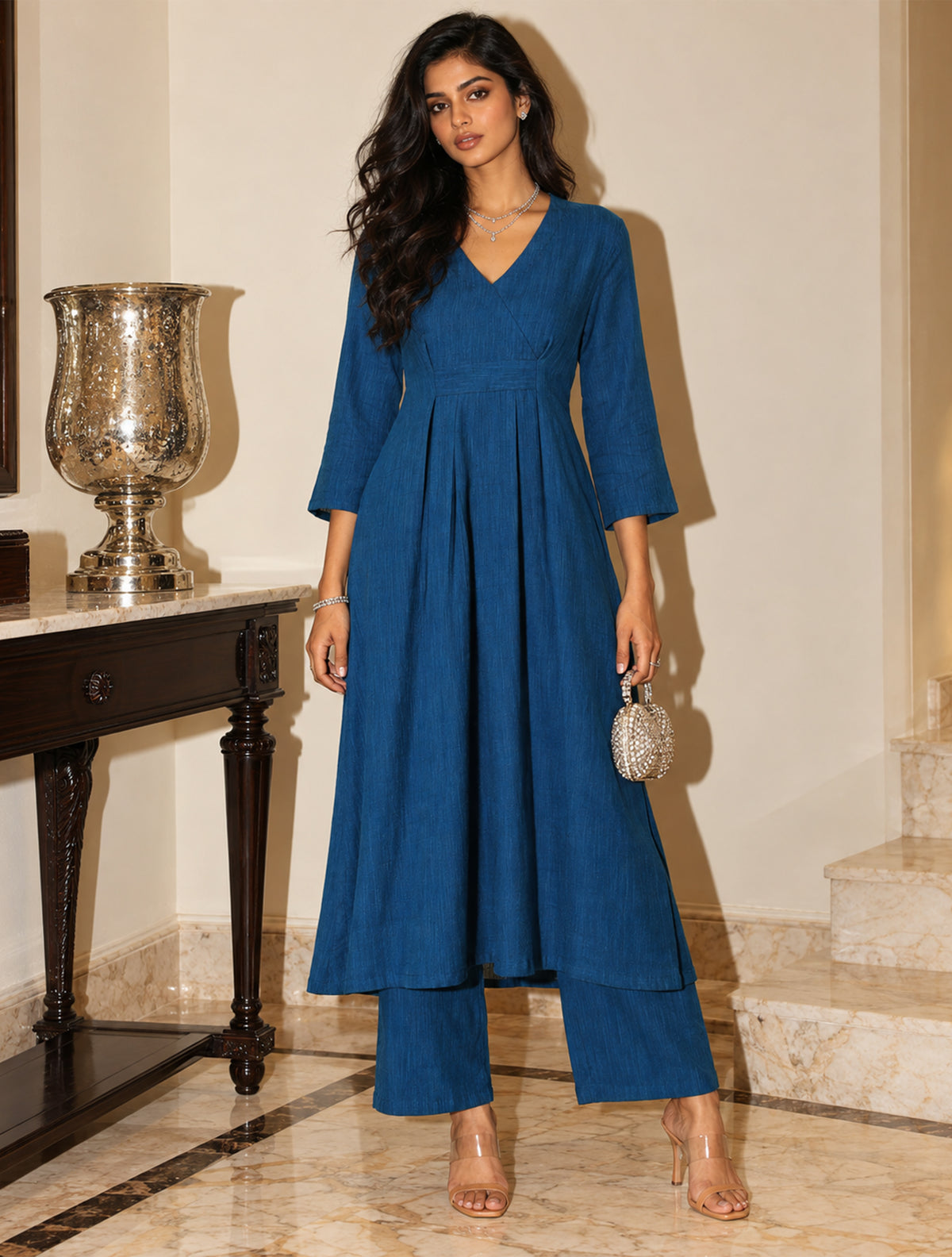Classic Blue Slub Texture Overlap Pleat Kurta Pant Set