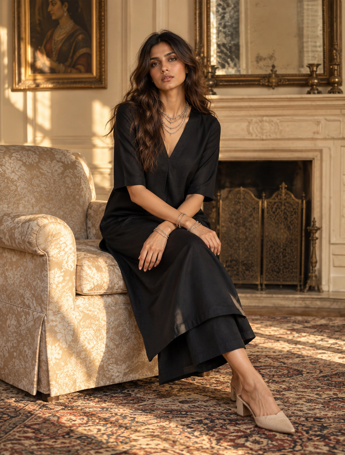 trueBrowns Black Muslin Silk Kurta Pant Set