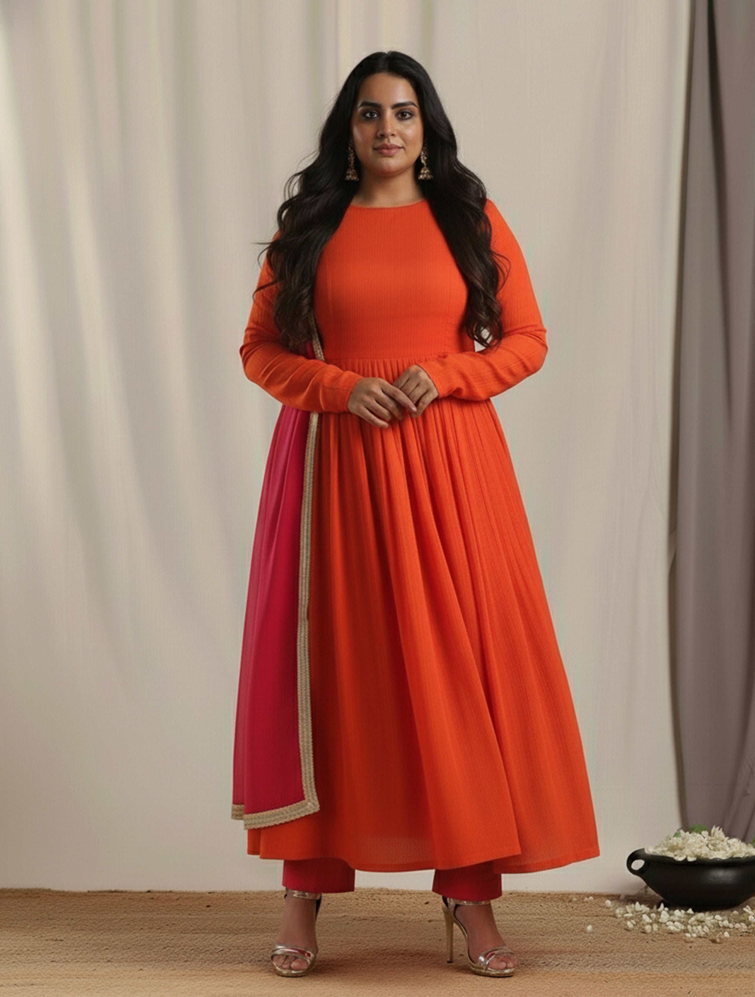 Orange Crinkle Anarkali Kurta Pant Dupatta Set