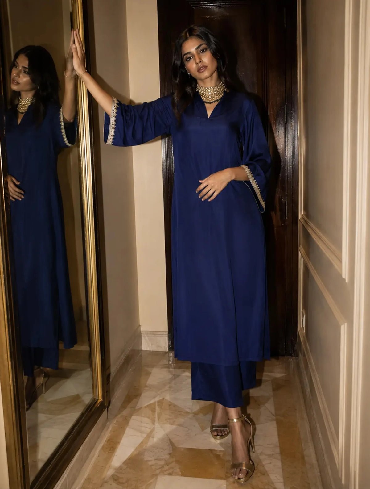 Midnight Blue Modal Satin Relax Kurta Set