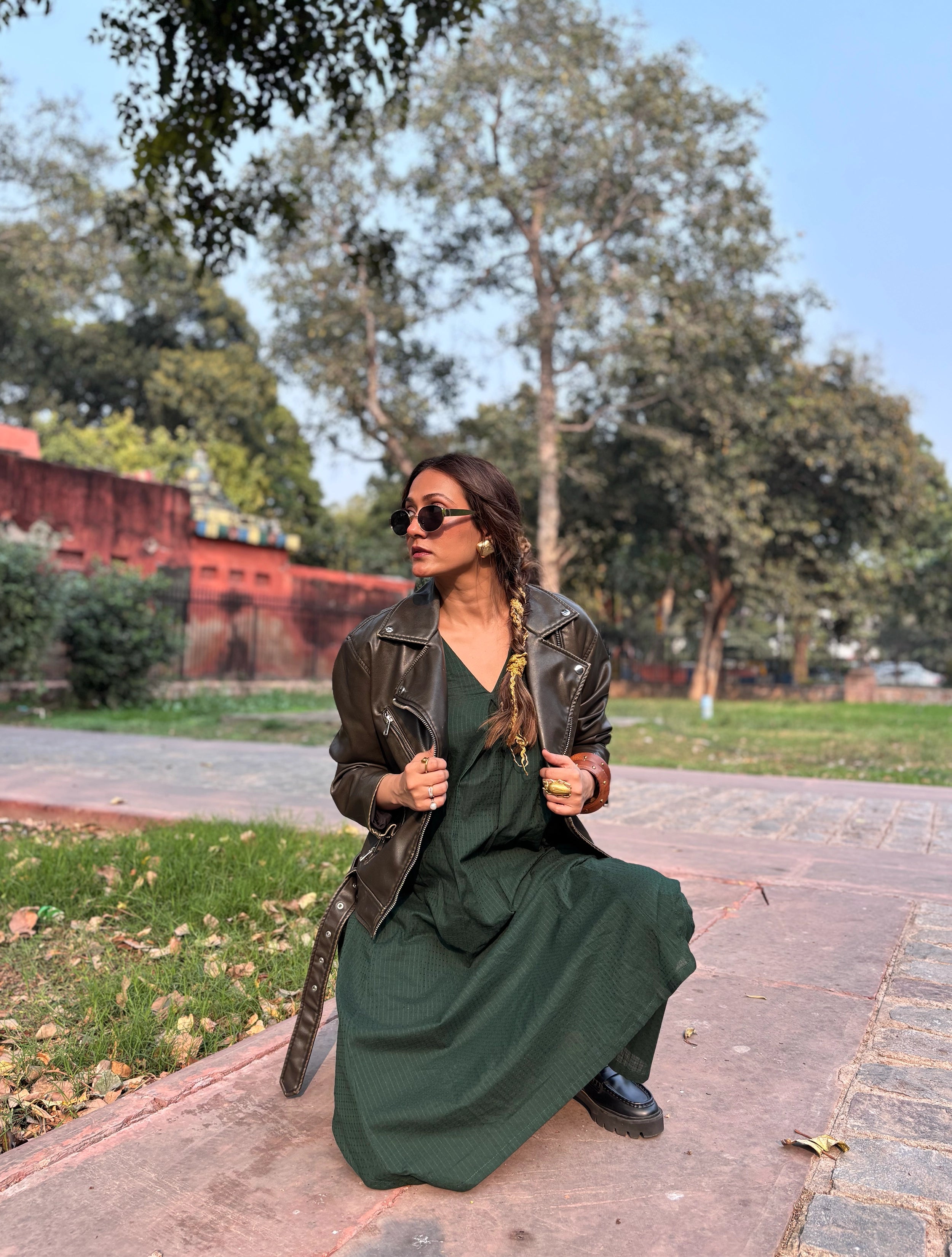 Dark Green Sleeveless Flared Kurta Pant Set