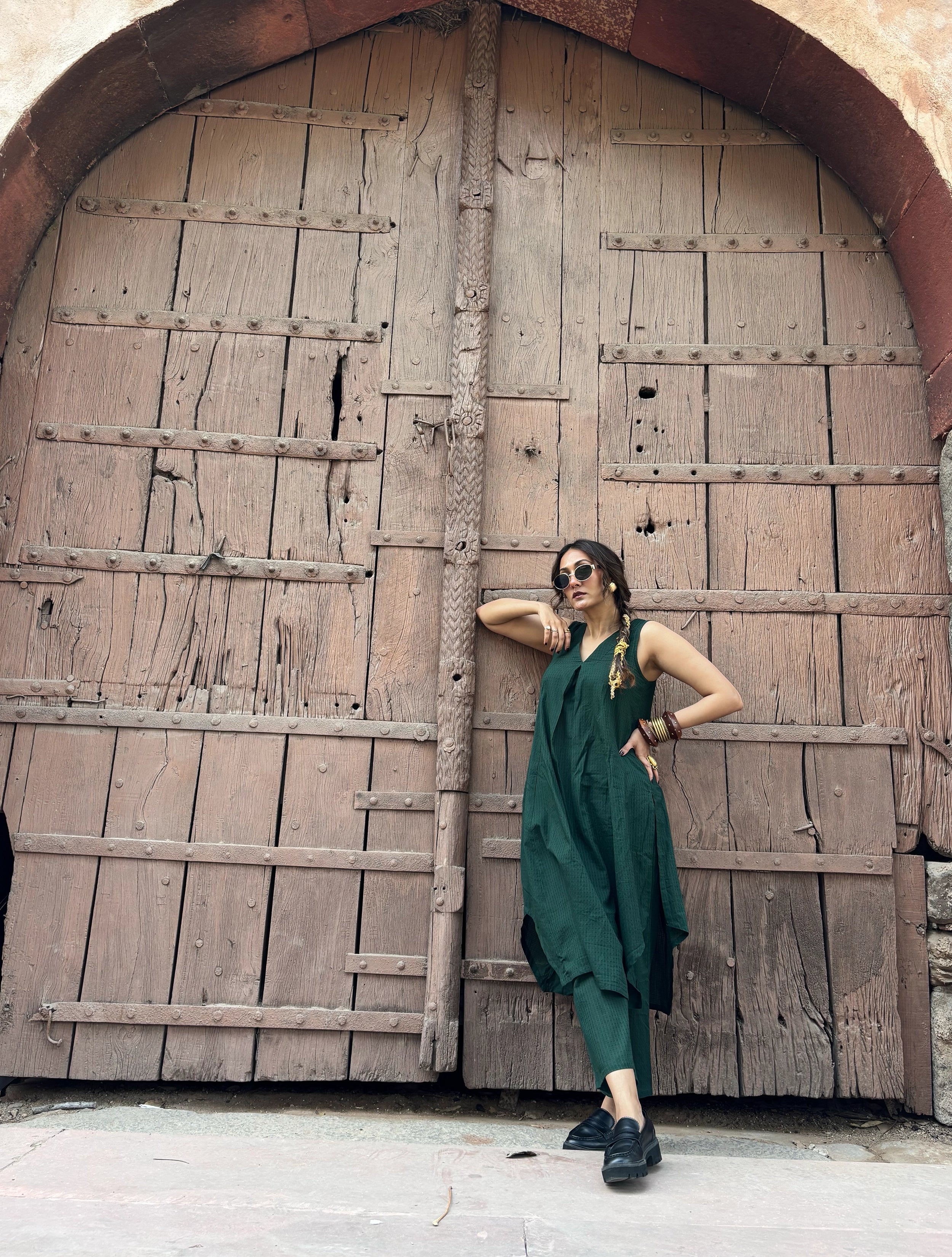 Dark Green Sleeveless Flared Kurta Pant Set