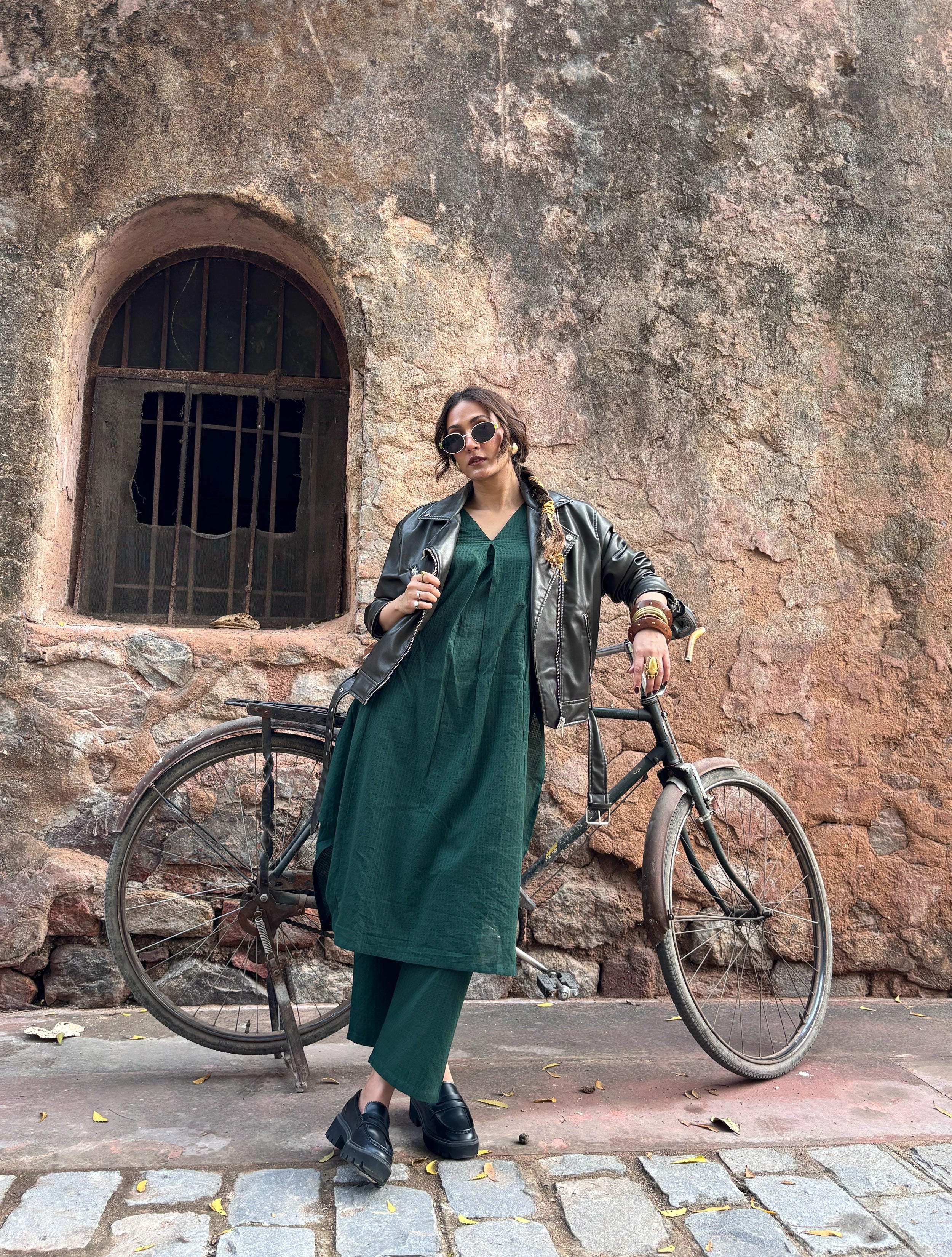 Dark Green Sleeveless Flared Kurta Pant Set