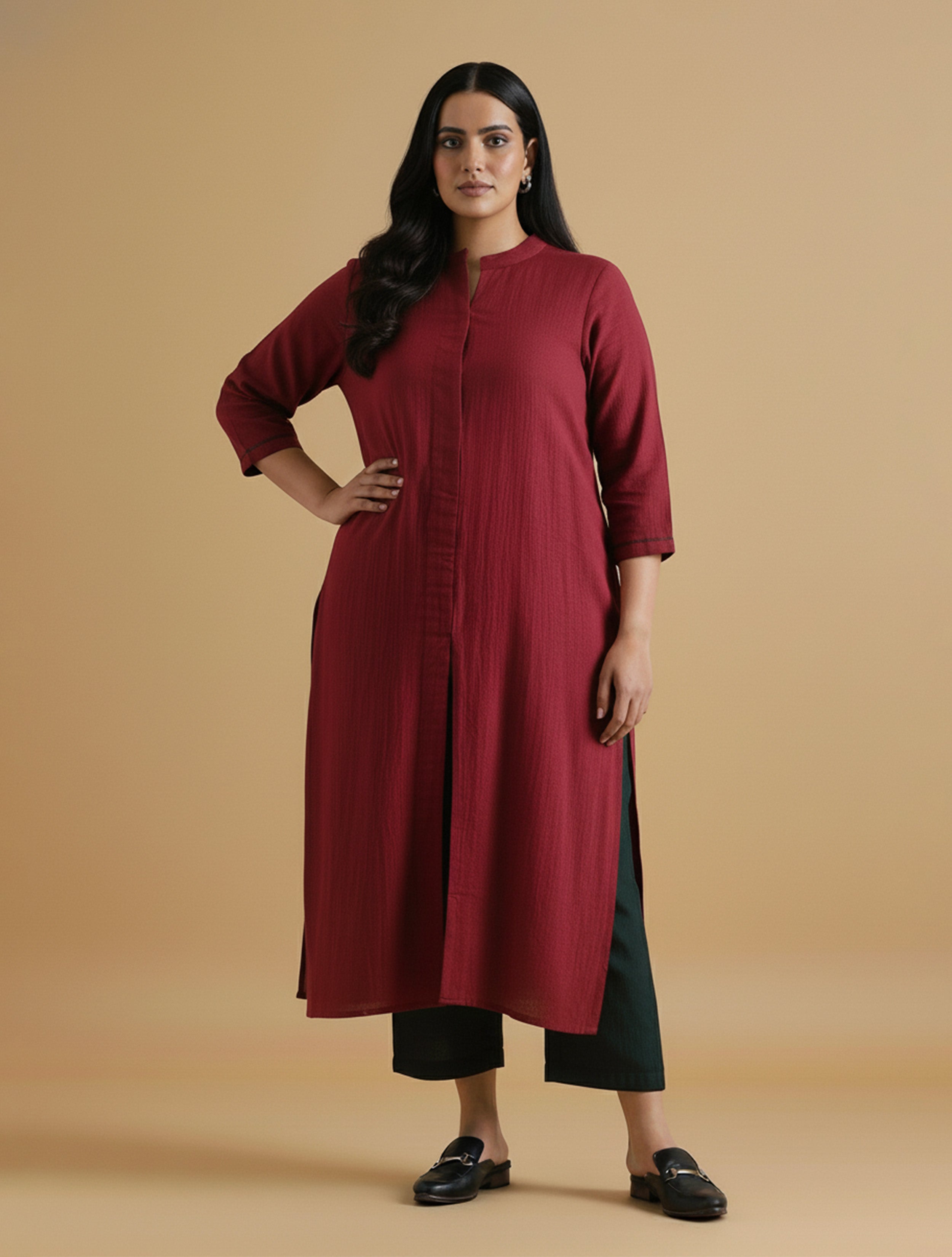 Maroon Placket Kurta Pant Set