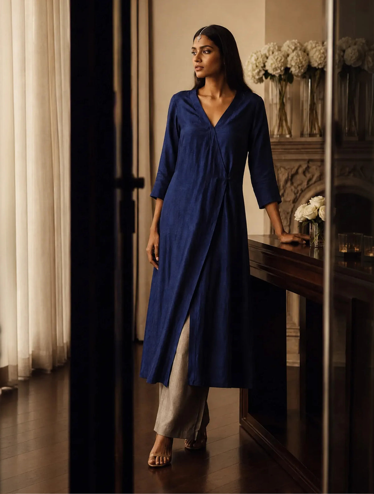 trueBrowns Blue Silk Angrakha Kurta Pant Set