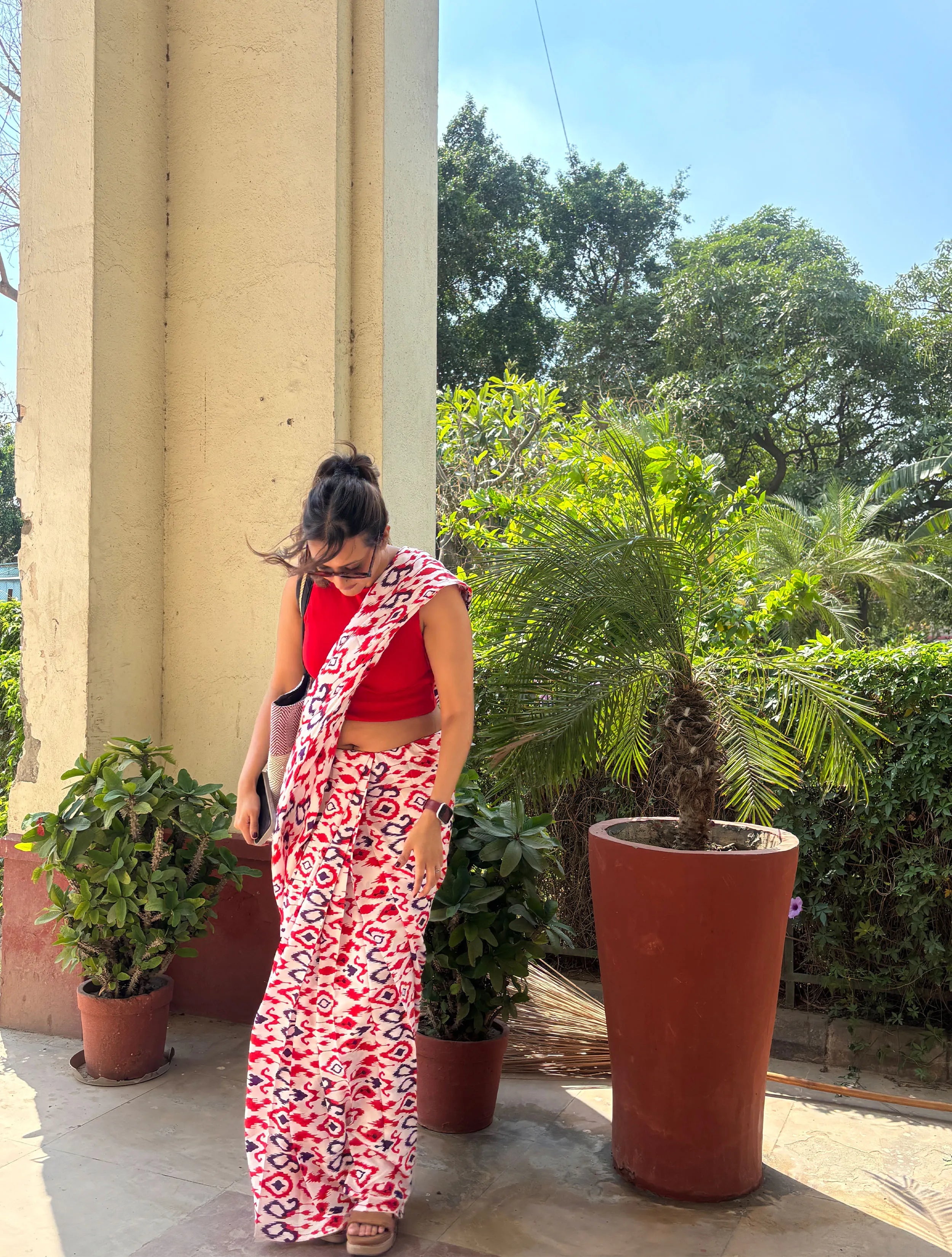 trueBrowns Carrot Muslin Ikat Saree