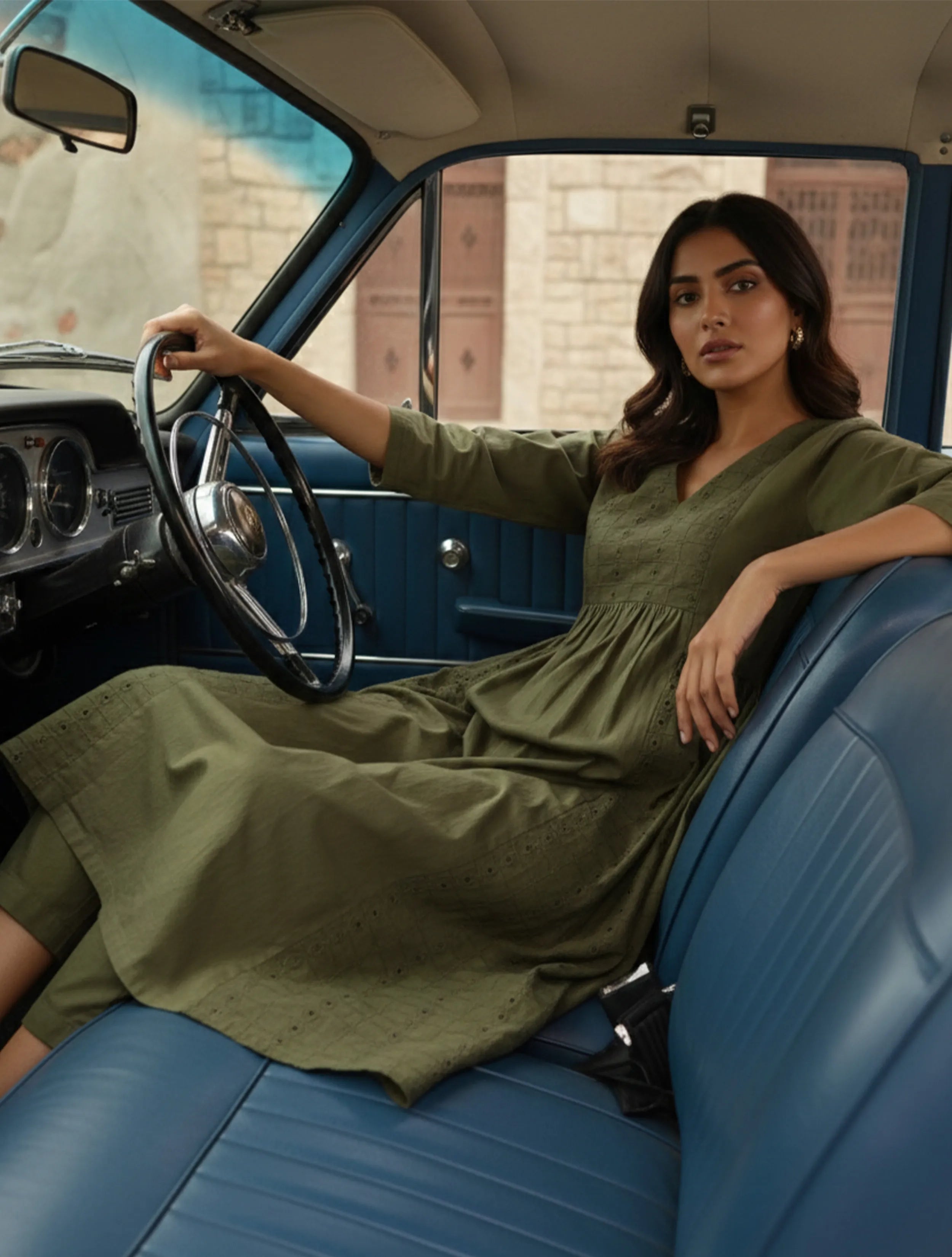 trueBrowns Olive Cotton Cutwork Embroidered Kurta Set