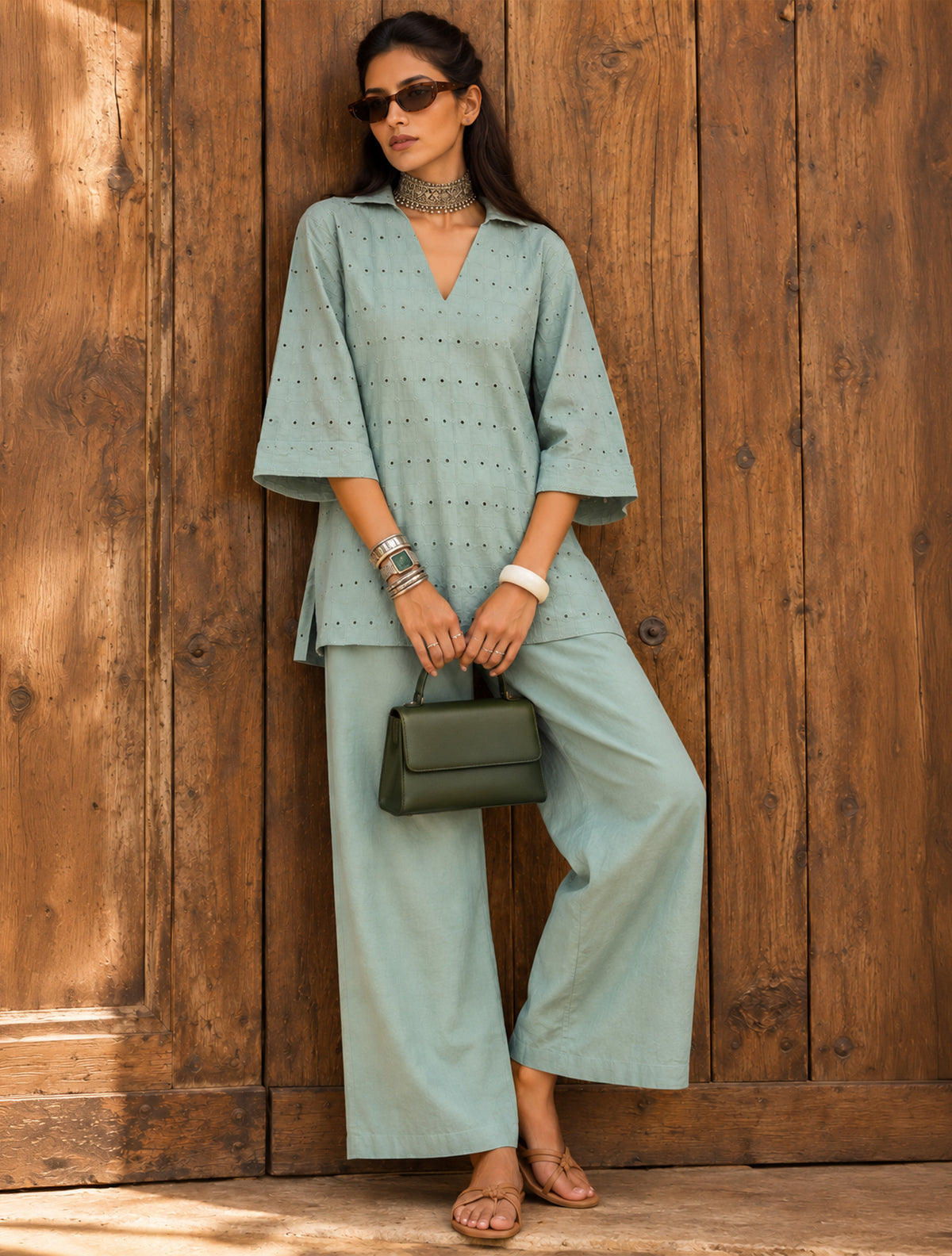 trueBrowns Blue Cotton Cutwork Embroidered Co-ord Set