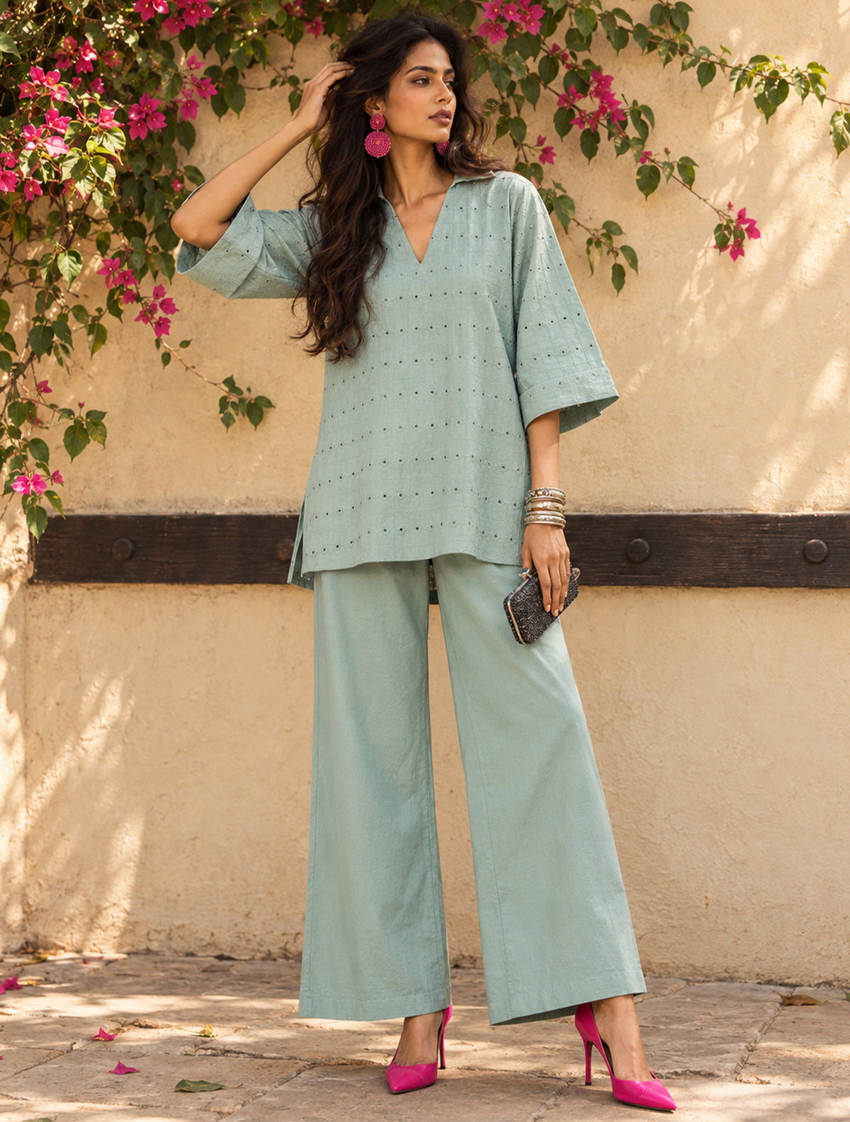 trueBrowns Blue Cotton Cutwork Embroidered Co-ord Set