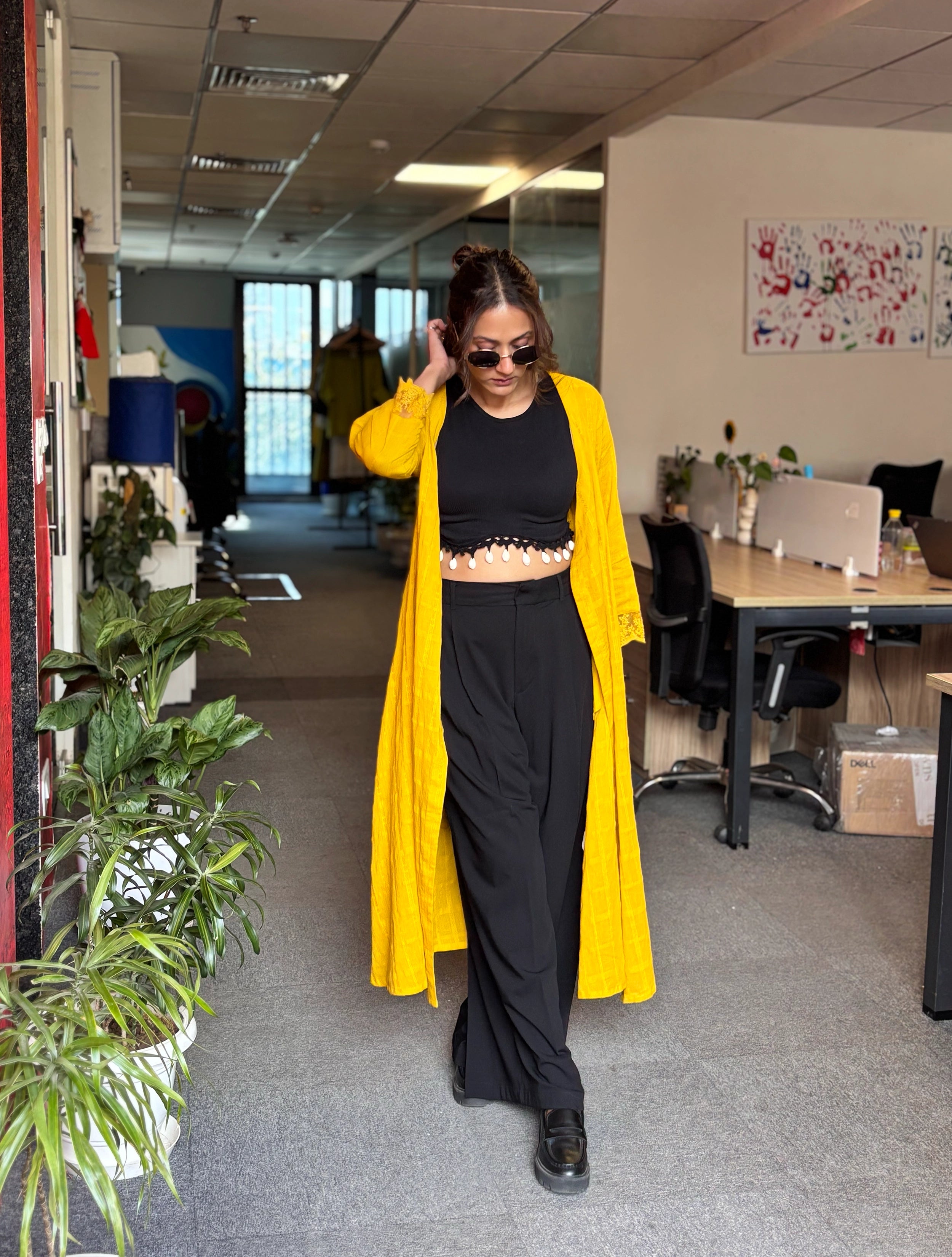 trueBrowns Mustard Cotton Dobby Kurta Set