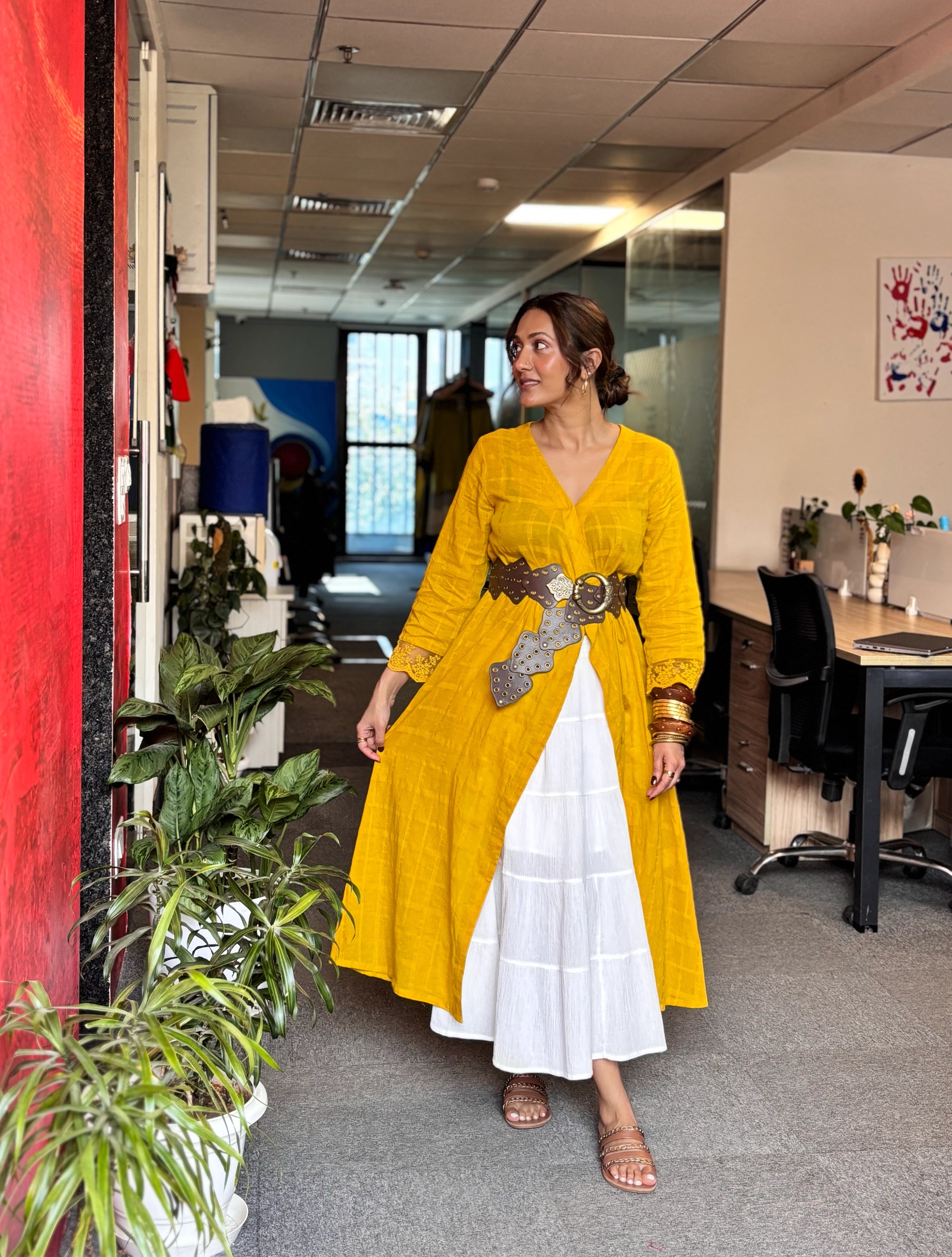 trueBrowns Mustard Cotton Dobby Kurta Set
