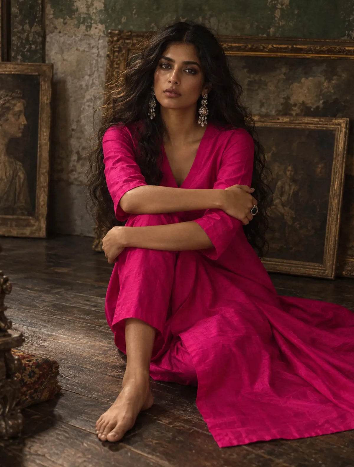 trueBrowns Pink Silk High Slit Kurta Set