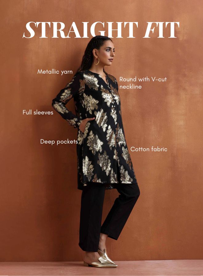 trueBrowns Black Metallic Straight Kurta Co-ord Set