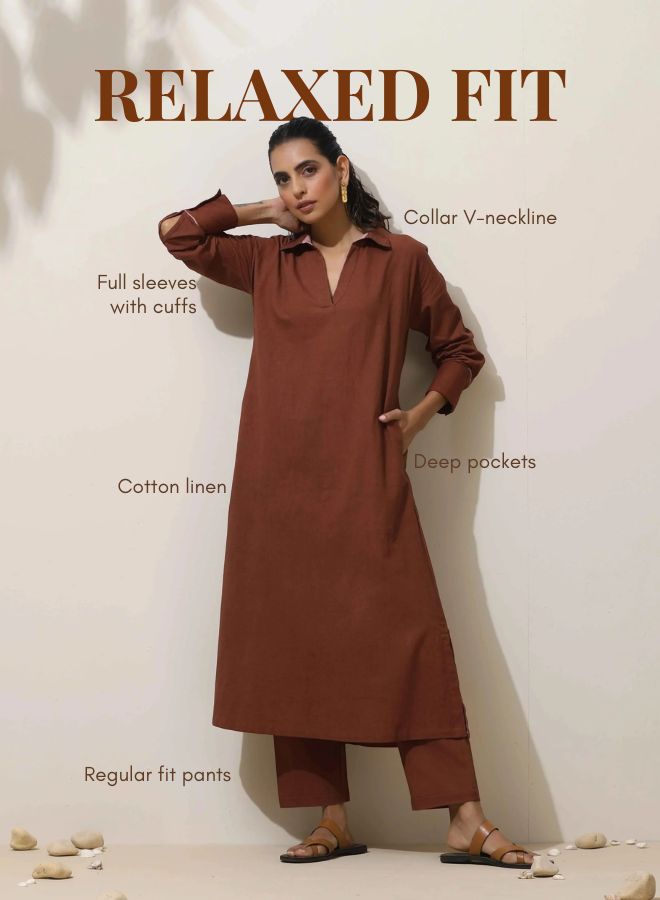 trueBrowns Brown Cotton Linen Kurta Pant Set