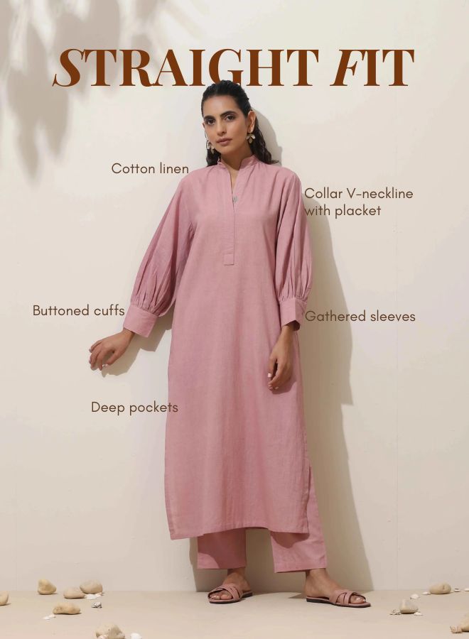 trueBrowns Pink Cotton Linen Kurta Pant Set