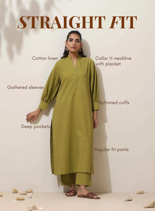 trueBrowns Pear Green Cotton Linen Kurta Pant Set