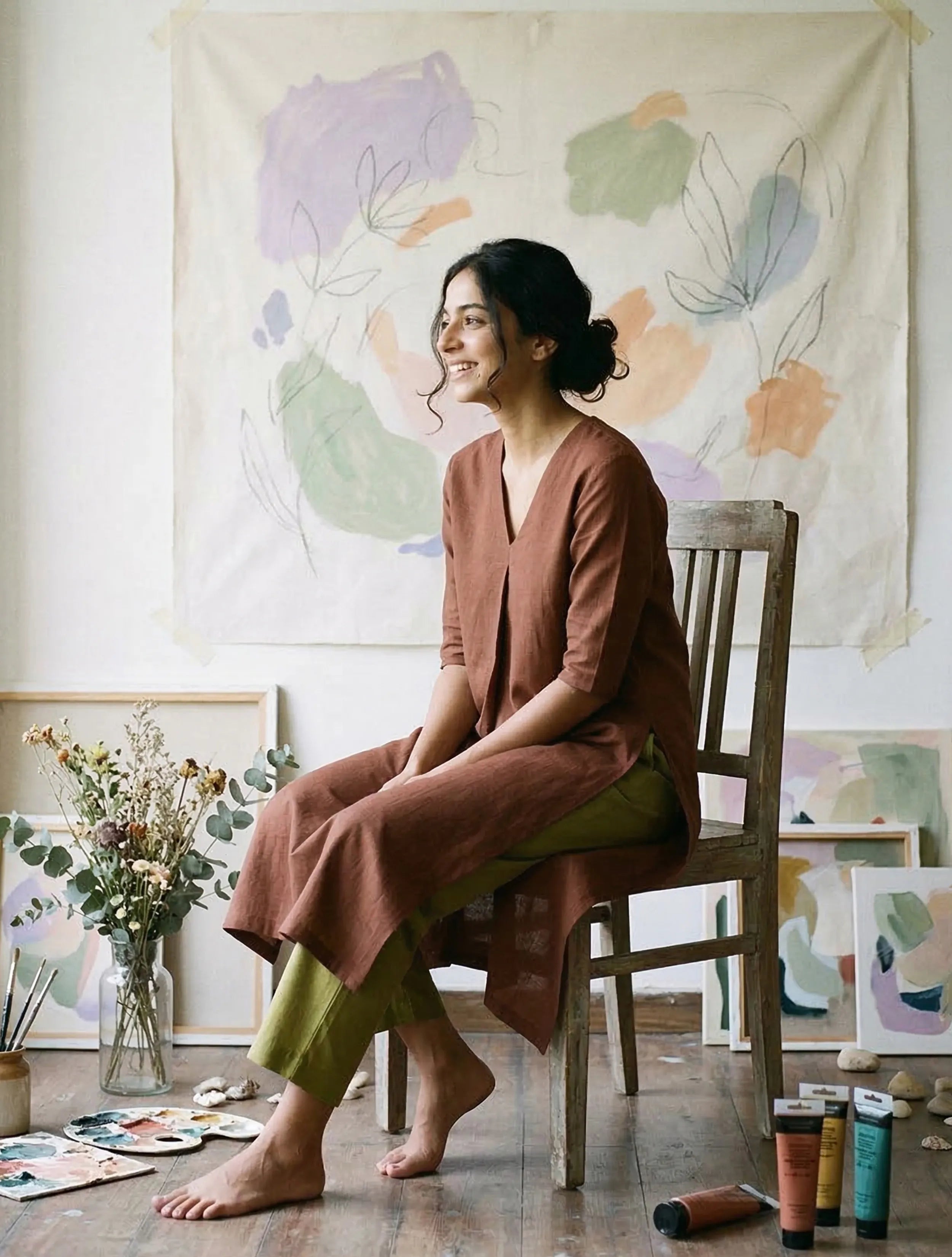 trueBrowns Brown Cotton Linen Kurta Pant Set