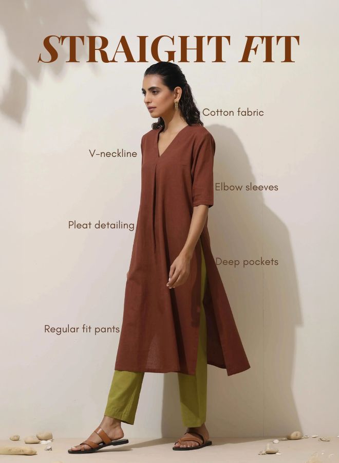 trueBrowns Brown Cotton Linen Kurta Pant Set