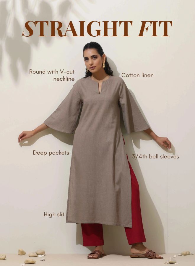 trueBrowns Grey Cotton Linen Kurta Pant Set