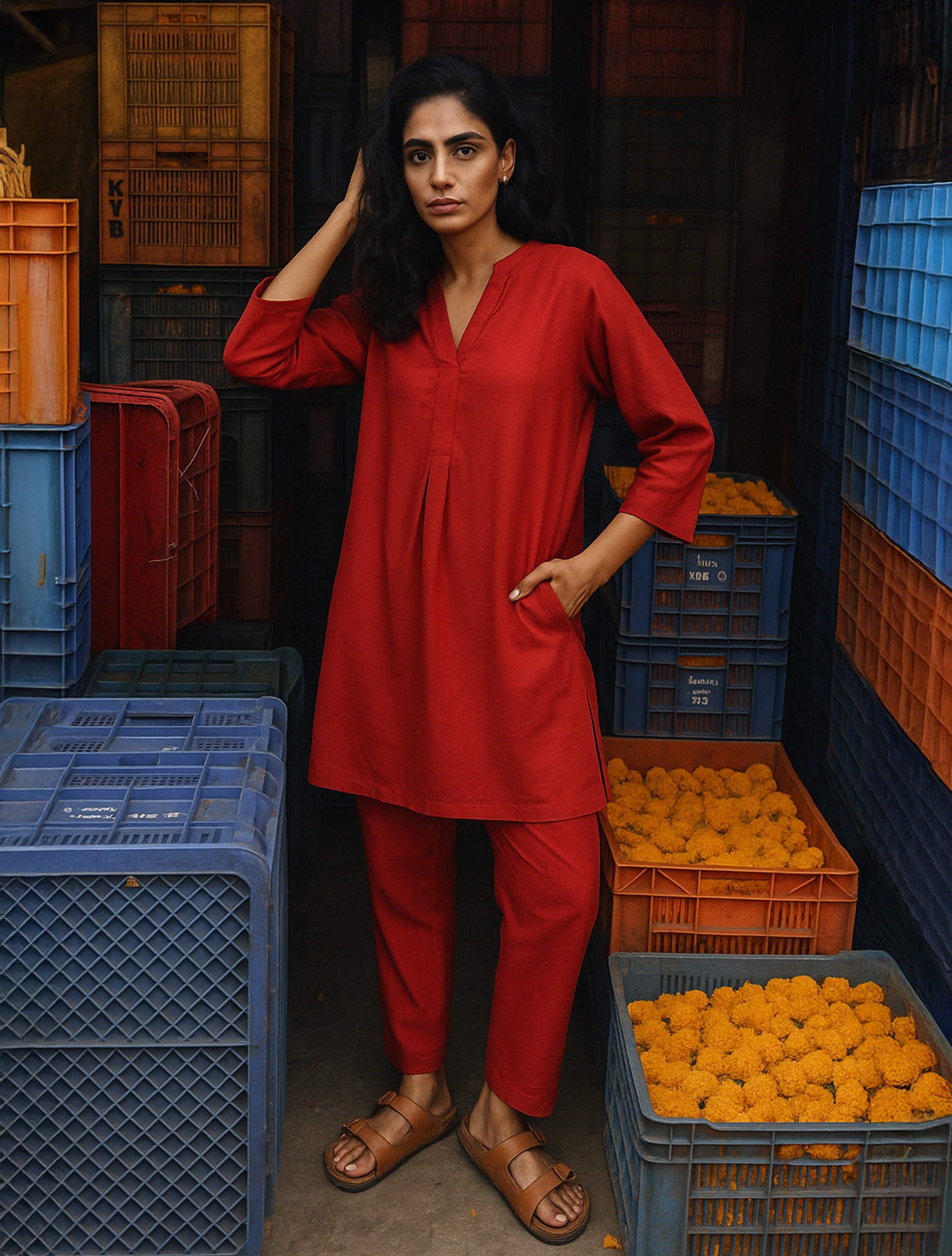trueBrowns Maroon Viscose Solid Co-ord Set