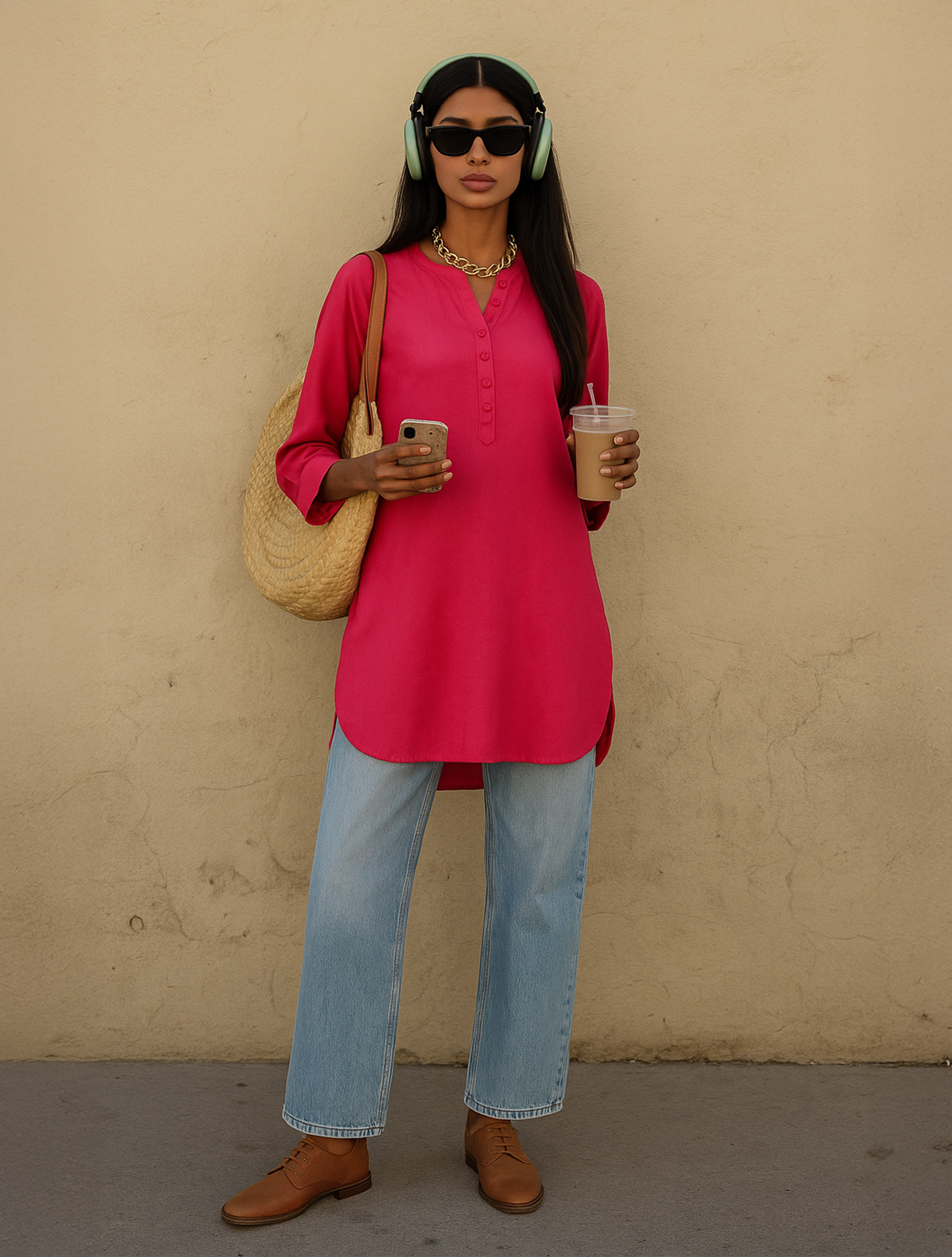 trueBrowns Fuchsia Cotton Blend Short Kurta