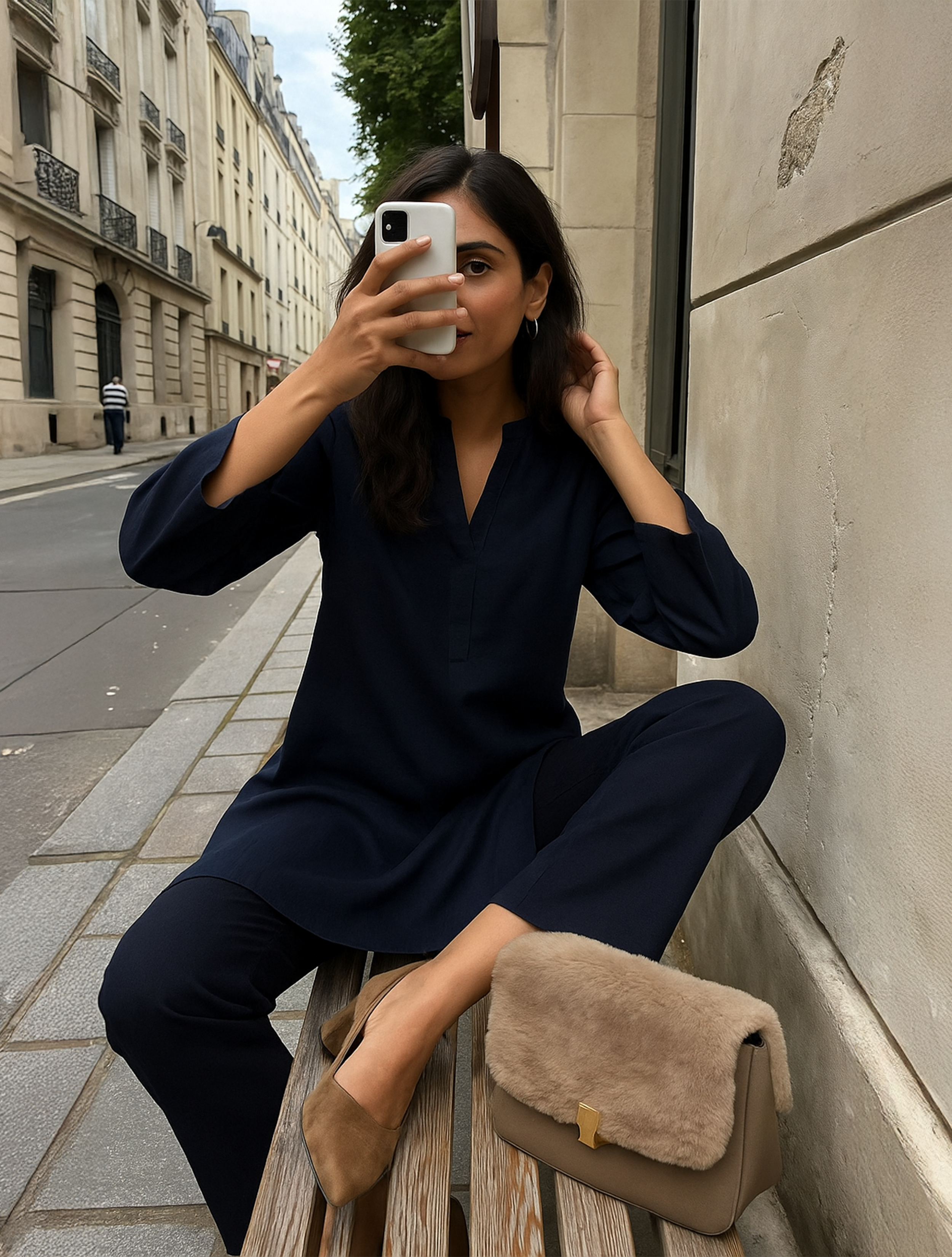 trueBrowns Blue Cotton Blend Short Kurta