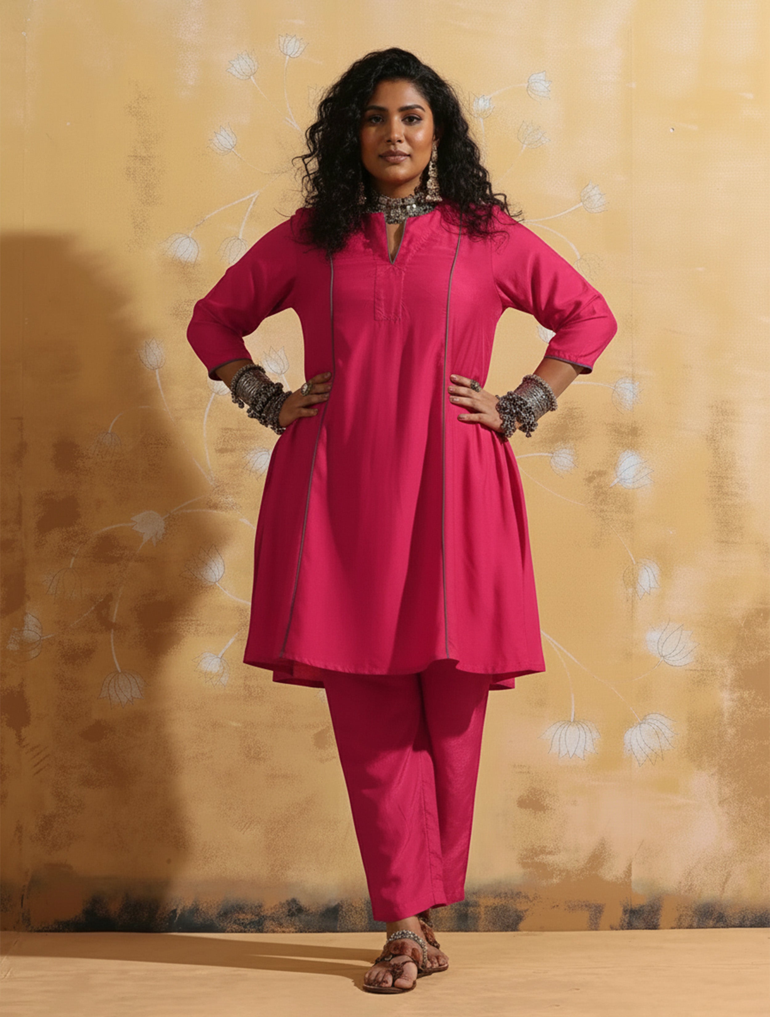 trueBrowns Pink Muslin Silk A-Line Kurta Co-ord Set