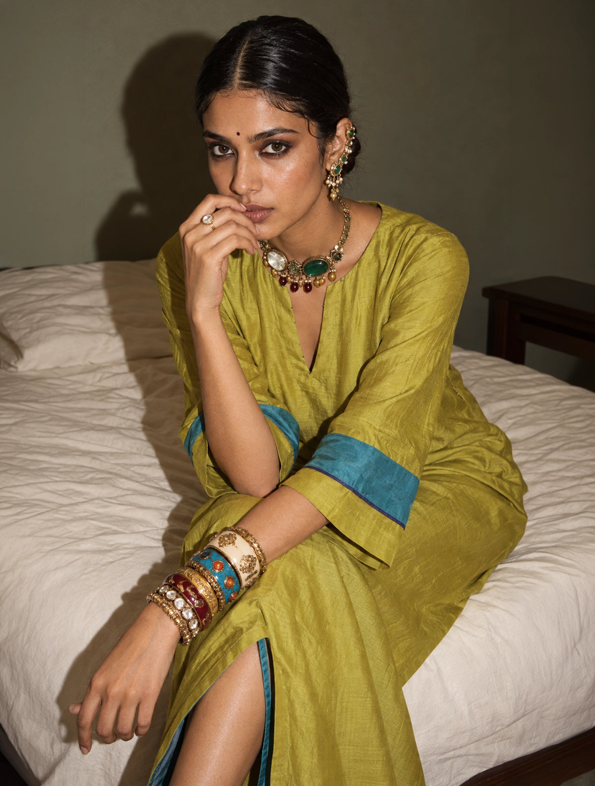 trueBrowns Lime Muslin Silk Straight Maxi Dress
