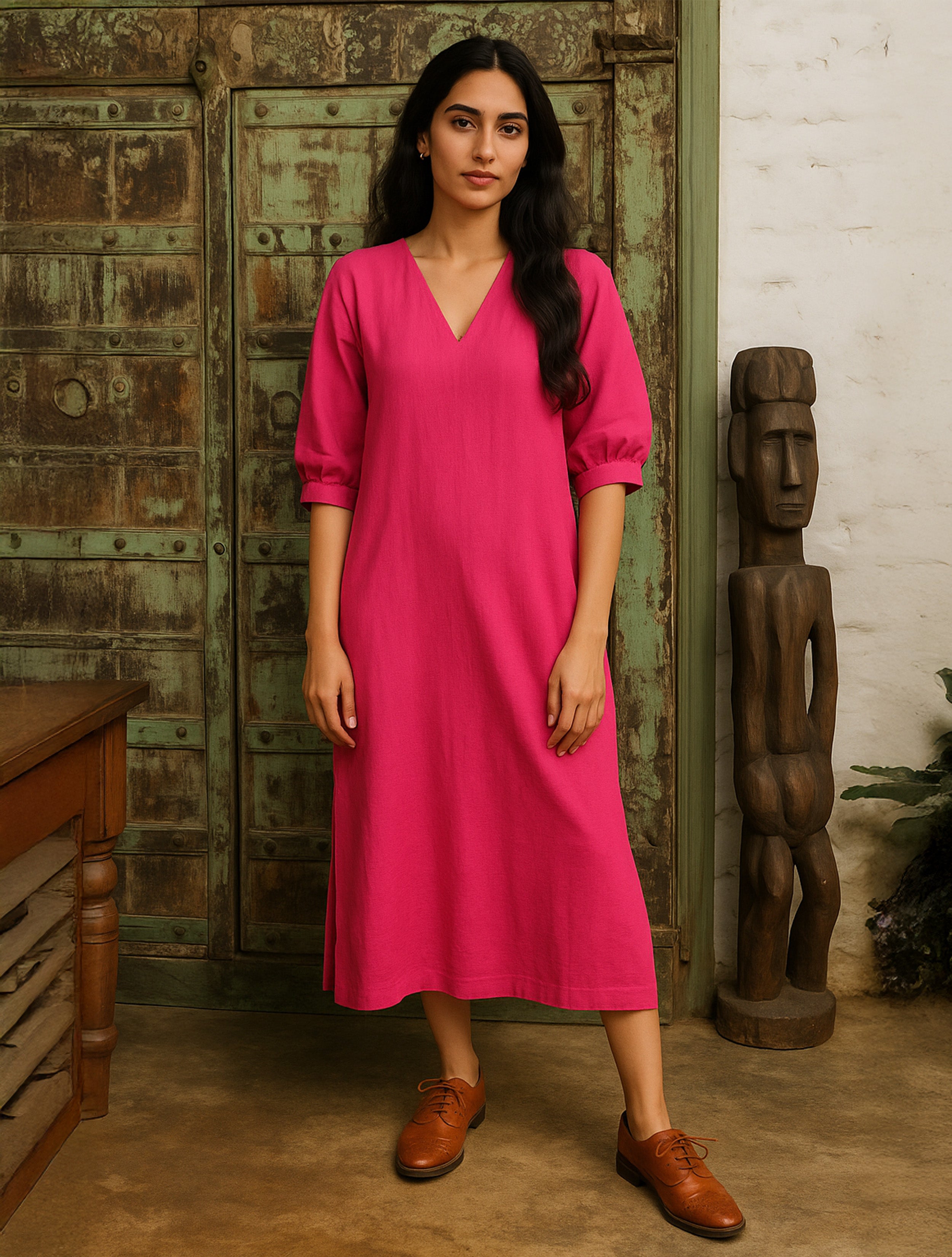 trueBrowns Hot Pink Cotton Blend Long Dress