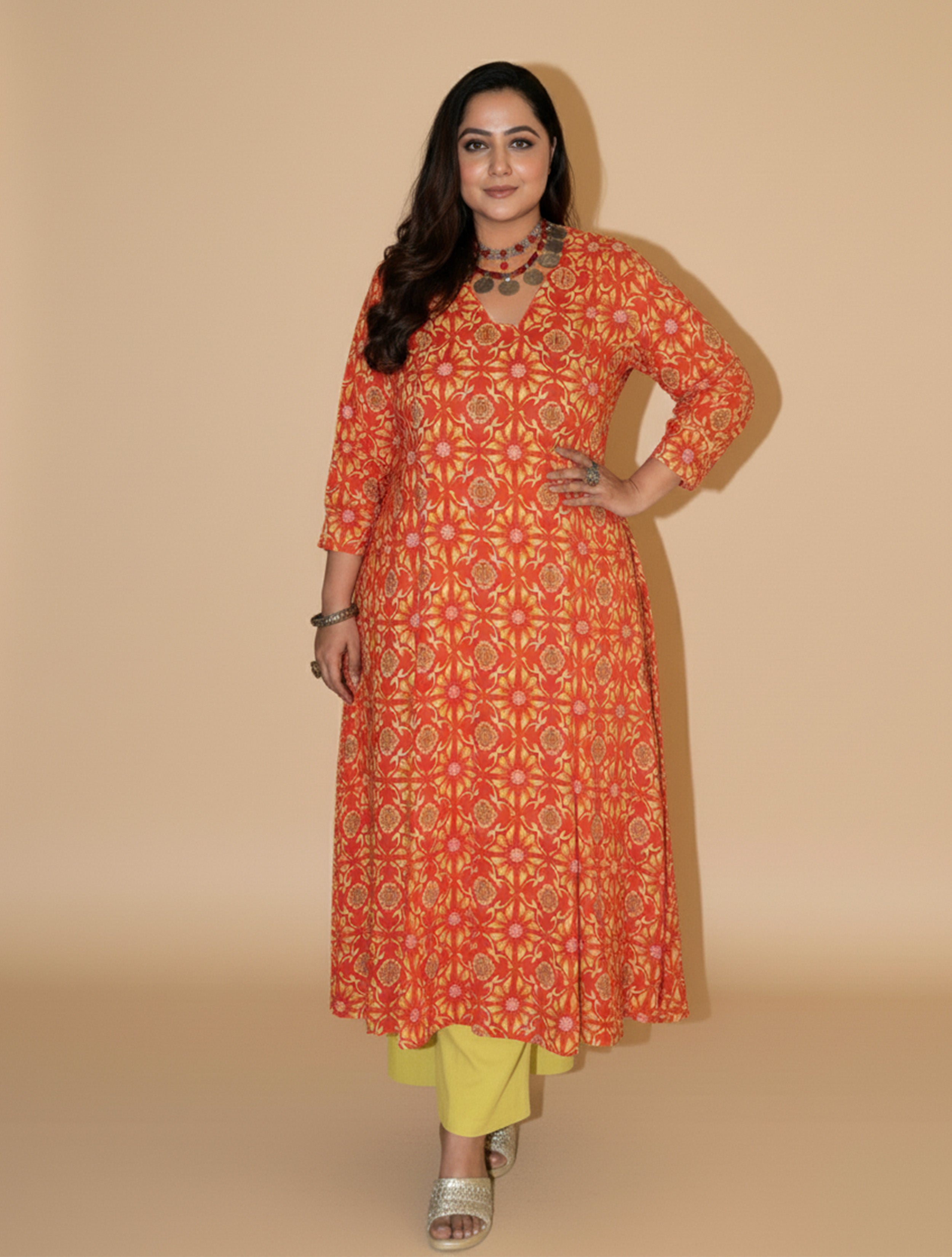 trueBrowns Red Light Green Print Vicose A-line Glass Neck Kurta Set