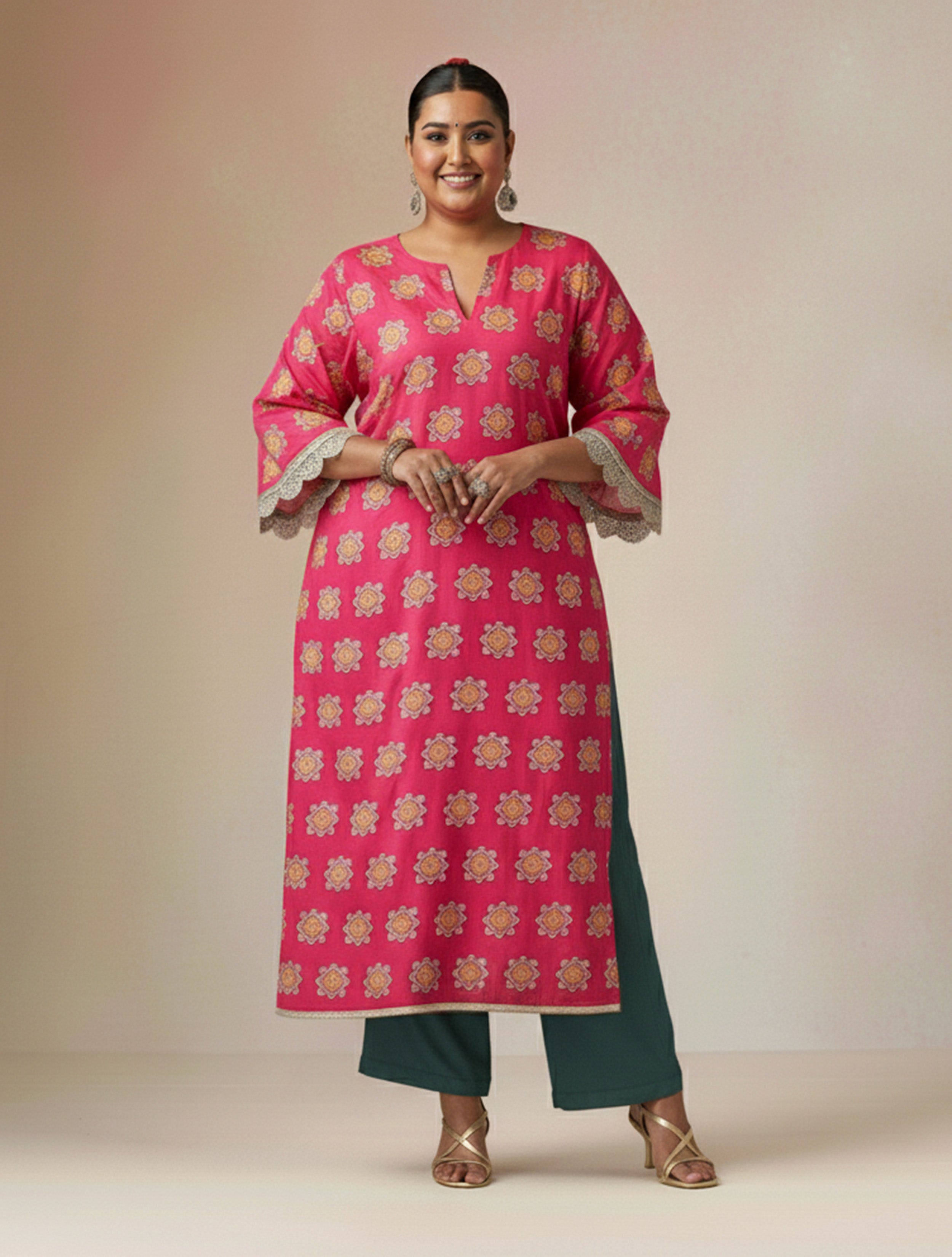 trueBrowns Pink Boota Print Viscose Straight High-Slit Kurta Set