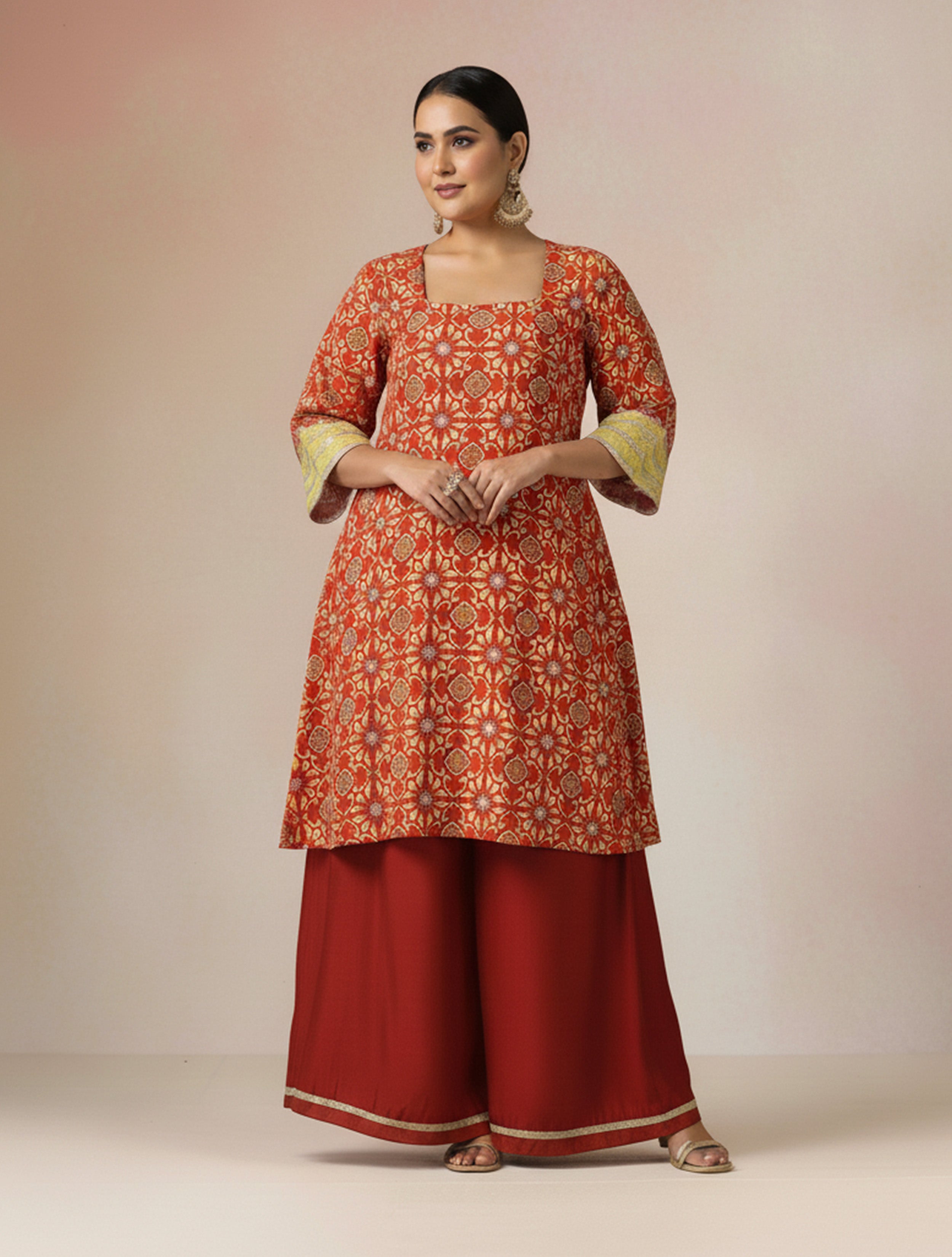 trueBrowns Red Light Green Print Viscose Kurta Sharara Set