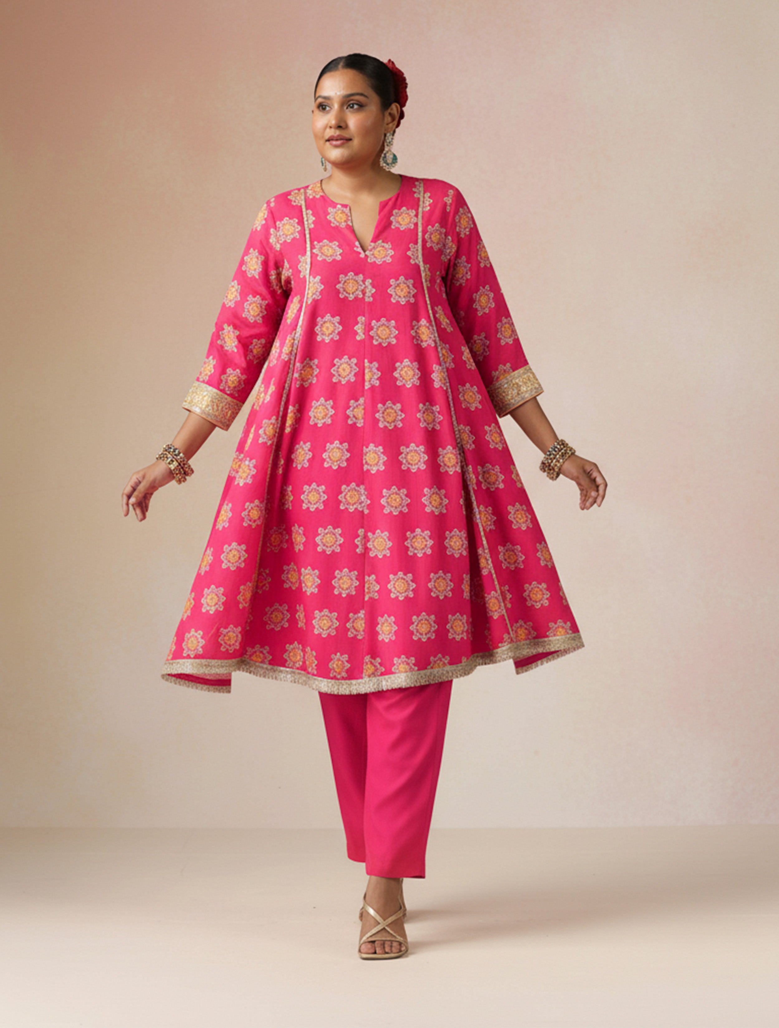 trueBrowns Pink Boota Print Viscose Flared Kurta Co-ord Set