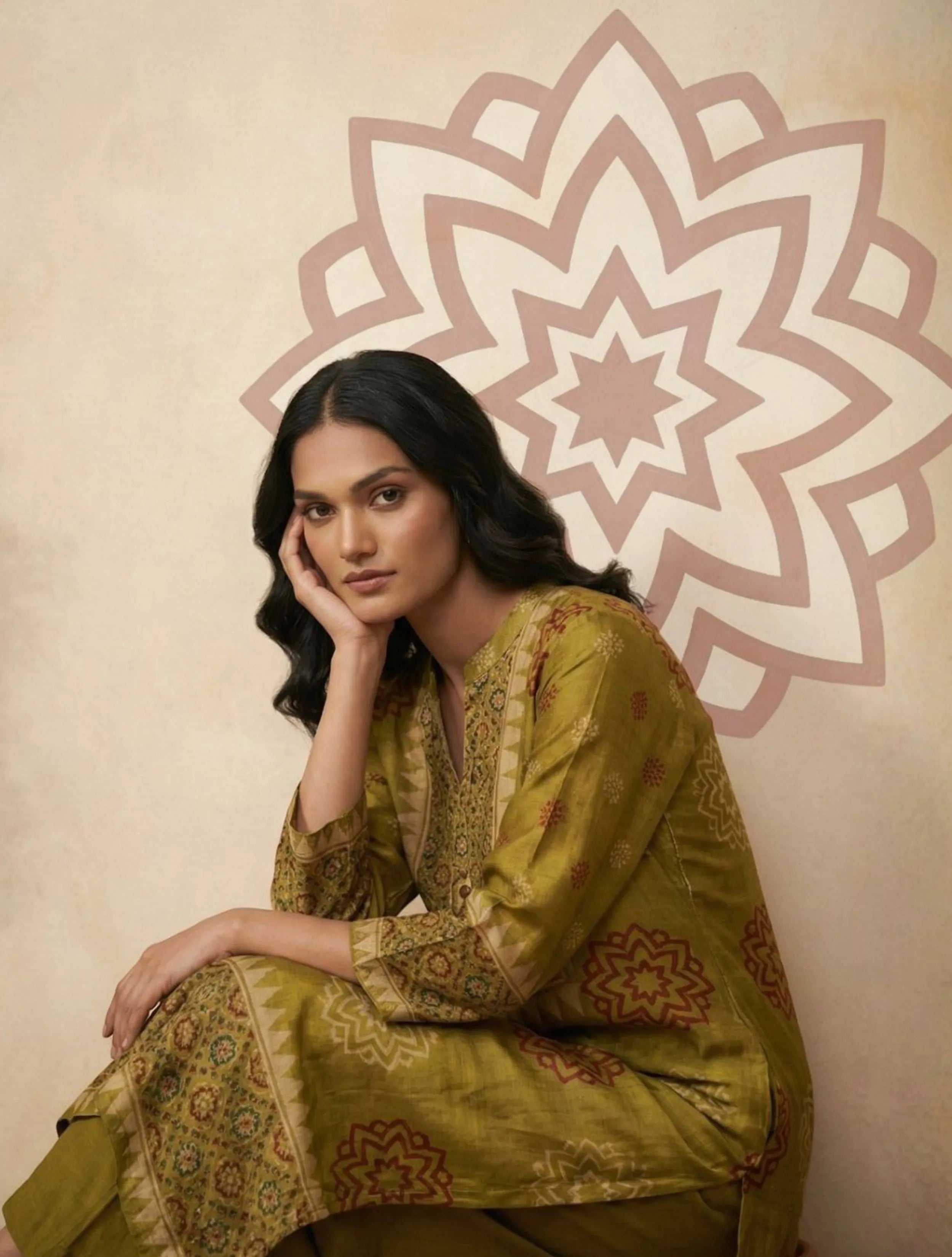 trueBrowns Pear Green Printed A-Line Kurta Pant Set