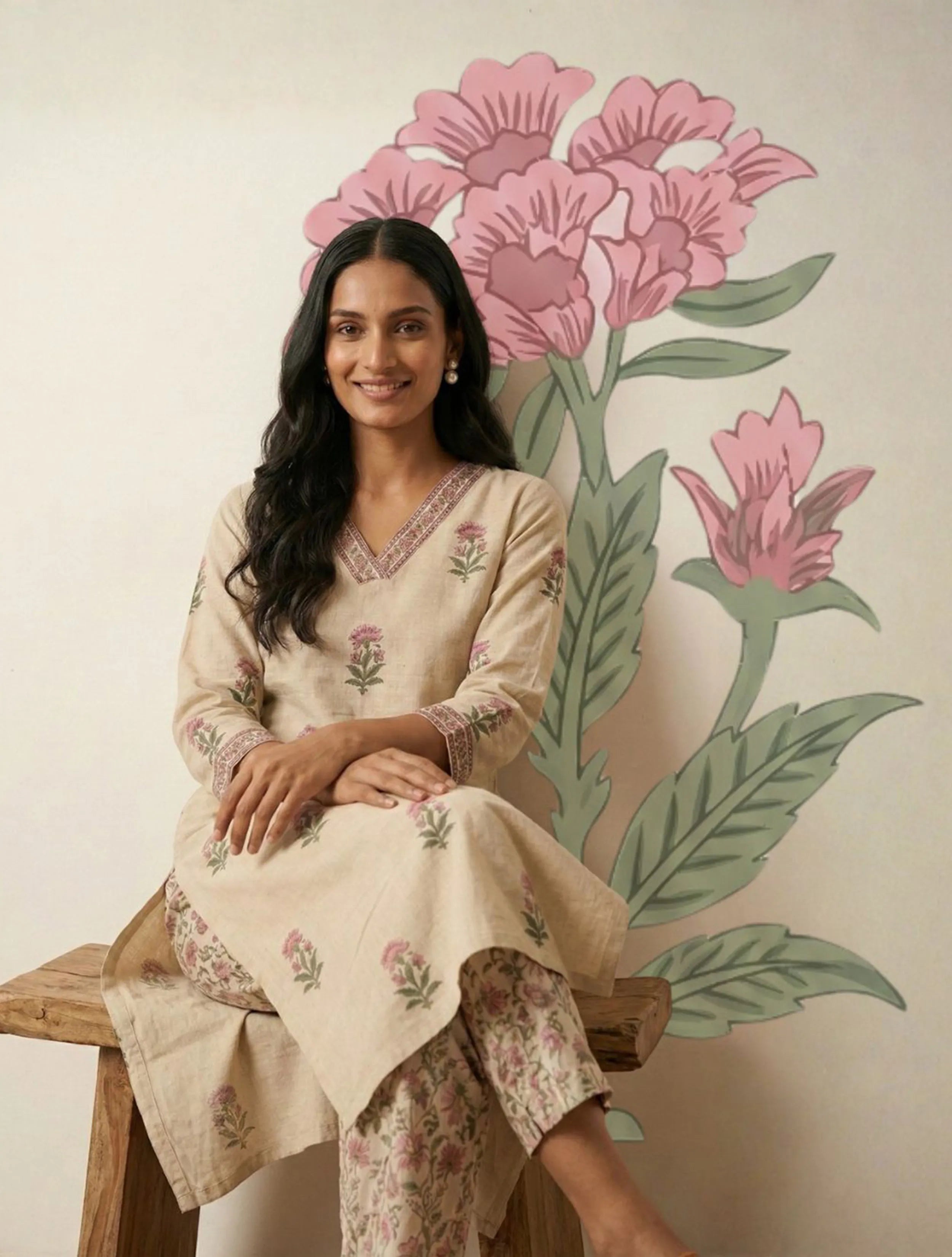 trueBrowns Ivory Floral Boota Print V-Neck Kurta Pant Set