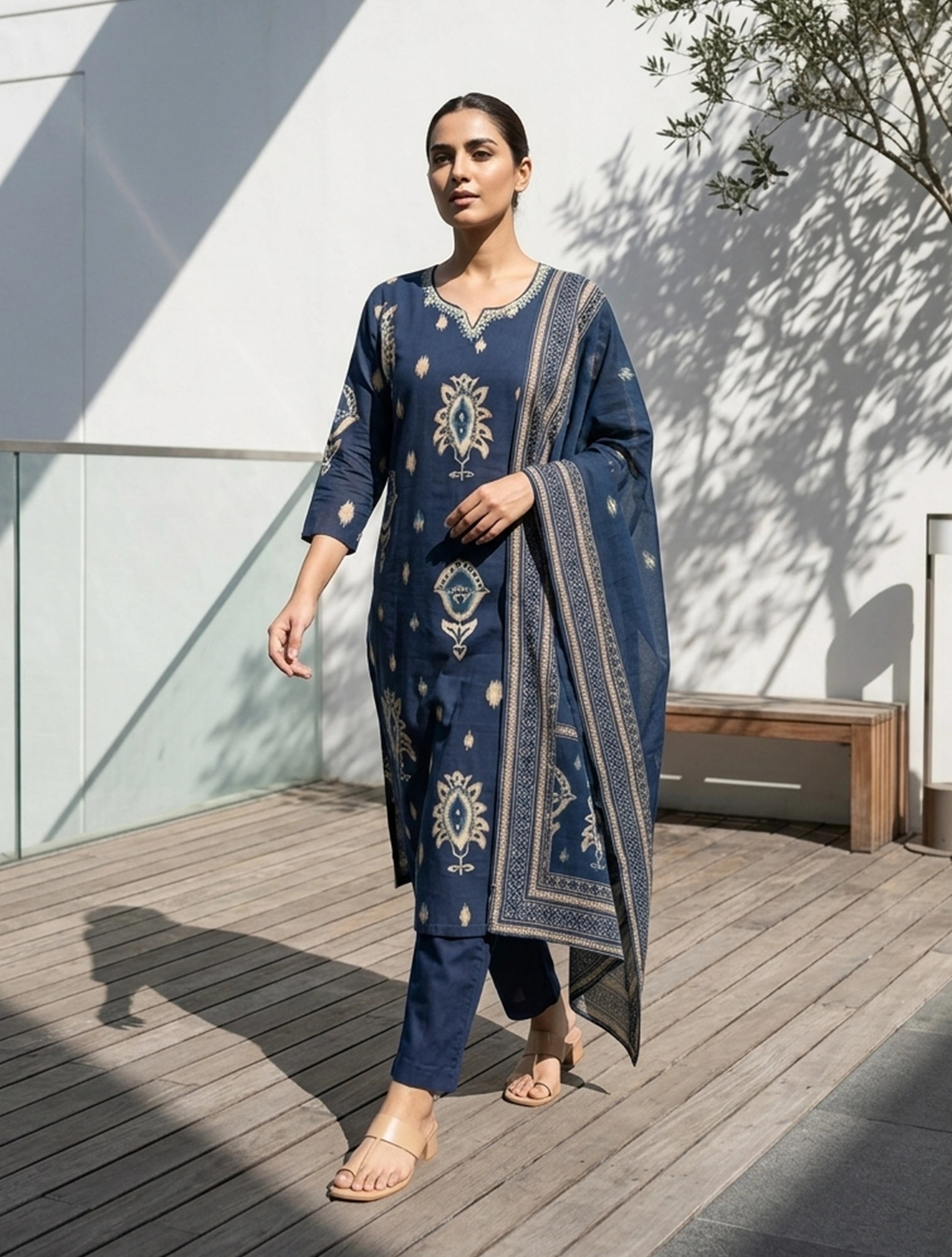 trueBrowns Blue Print Embroidered Round With V-Neck Kurta Pant Dupatta Set