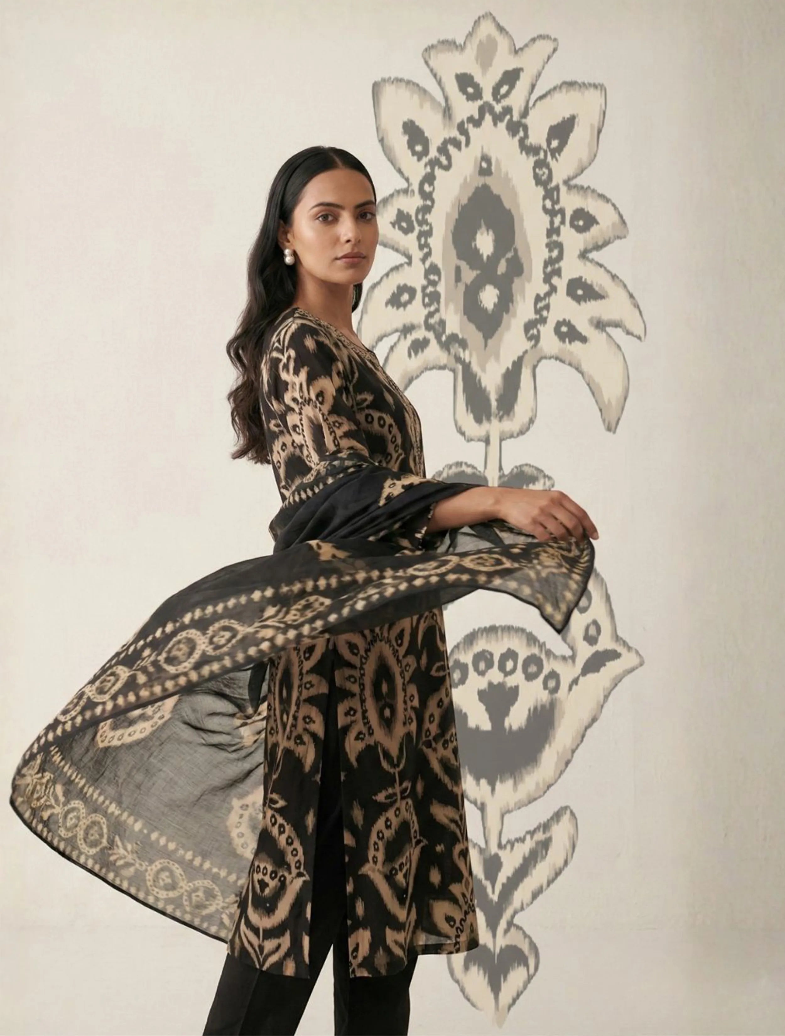 trueBrowns Black Print Embroidered Round Neck Kurta Pant Dupatta Set