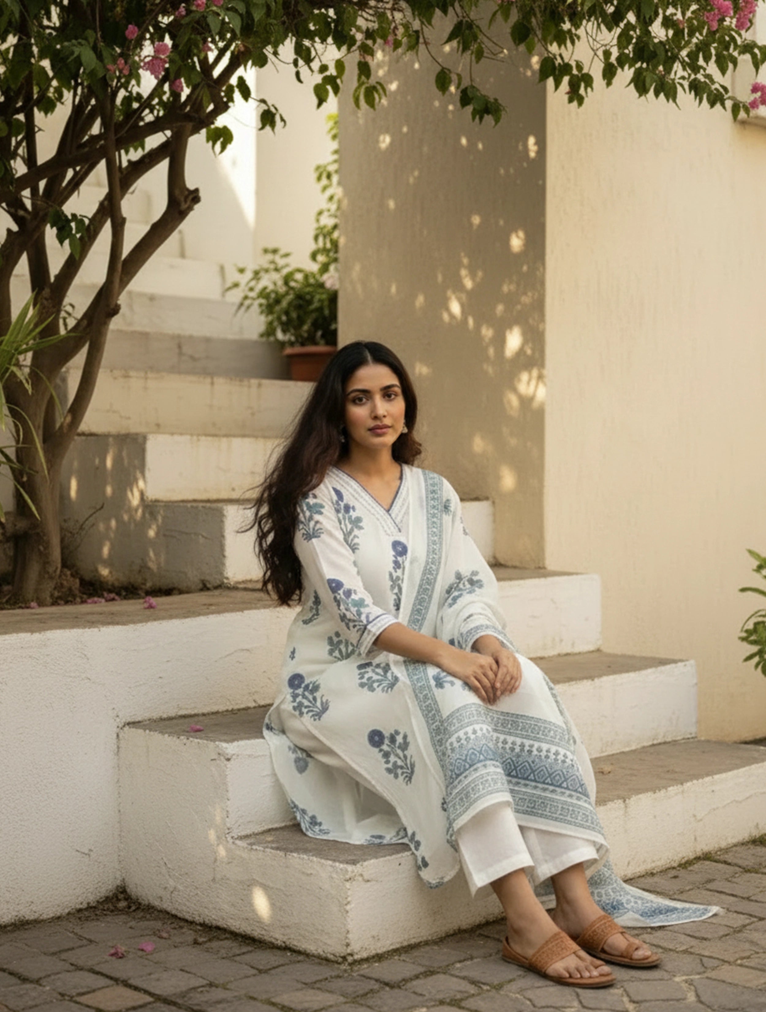 trueBrowns White Blue Print V-Neck Kurta Pant Dupatta Set