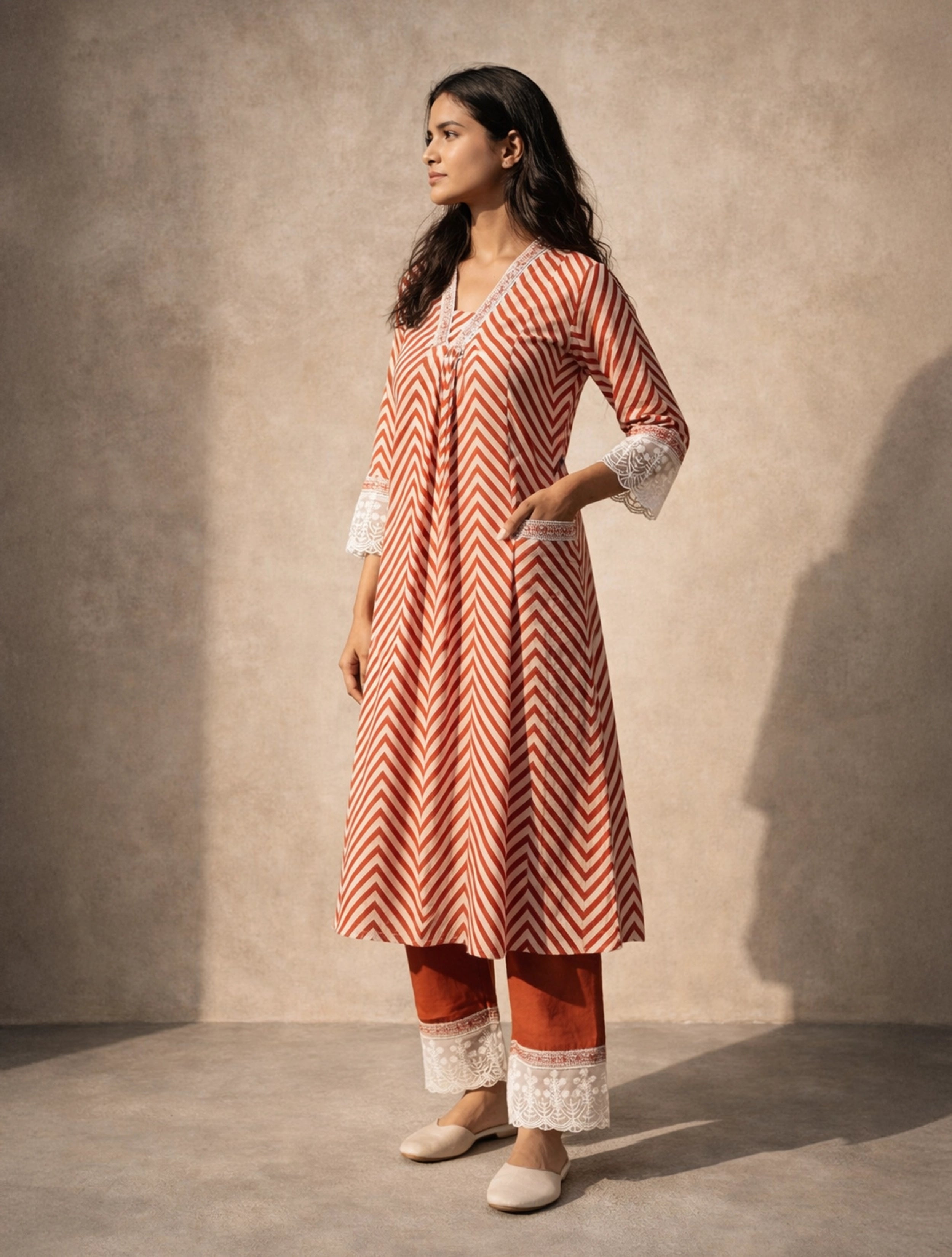 trueBrowns Rust Chevron Print Kurta Pant Dupatta Set