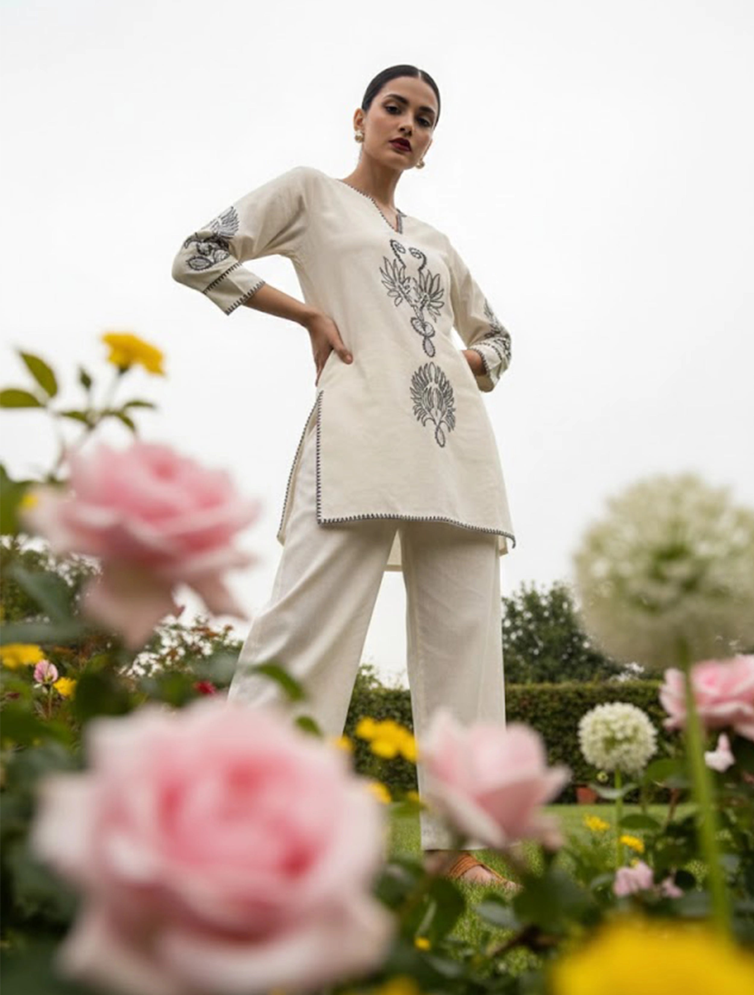 trueBrowns Ivory Black Embroidered Co-Ord Set