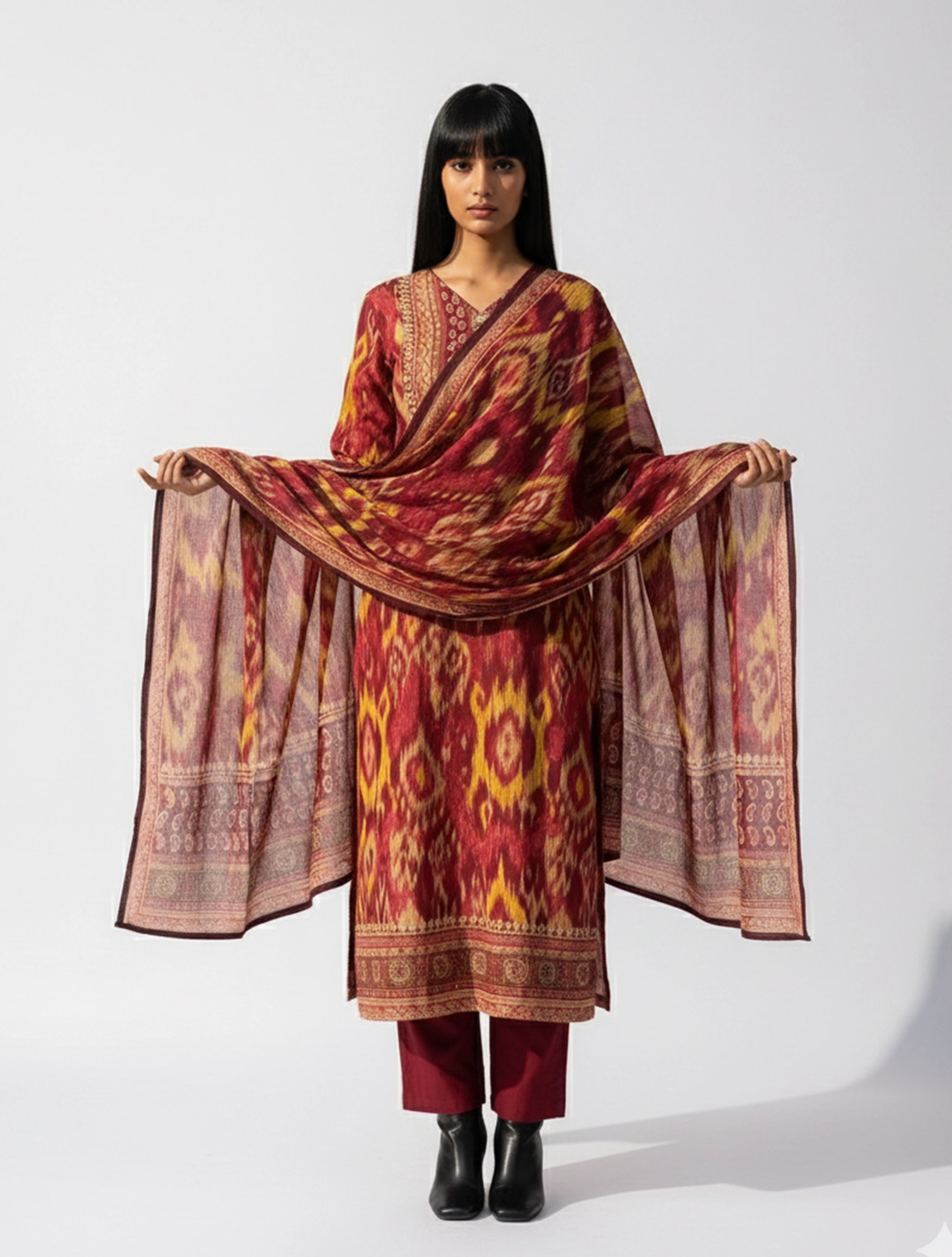 trueBrowns Red Ikat Print Embroidered V-Neck Kurta Pant Dupatta Set